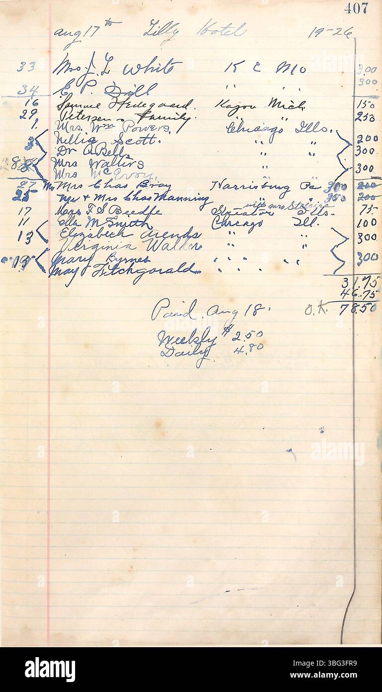 Auf Seite 415 des Hotelbuchs Camp Chesterfield (1922-1927) werden verschiedene Gäste- und Veranstaltungsdetails aufgezeichnet, die den Betrieb und die Gastfreundschaft des Hotels während dieses Zeitraums hervorheben. Stockfoto