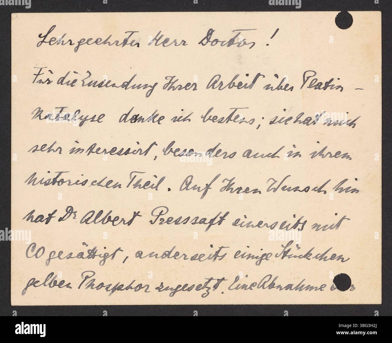 Schreiben von Eduard Buchner vom 13. März 1900 an Georg Bredig, in dem er sich für die Versendung einer wissenschaftlichen Arbeit über Platin-Katalyse bedankte. Stockfoto