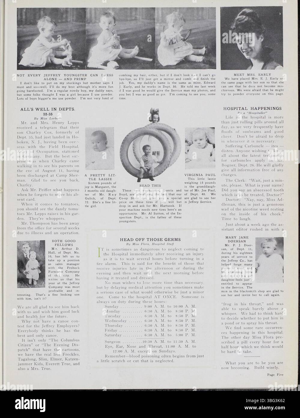 Der Jeffrey Service Volume 6 von September 1919 bis August 1920 bietet Einblicke in den Betrieb des Unternehmens, die emotionale Mitarbeiterbindung und das Gemeindeleben. Die Zeitschrift enthält Artikel über Firmenveranstaltungen wie Picknicks, Tänze und Sportwettbewerbe. Er enthält auch Fotos von Arbeitern, dem Werk des Unternehmens und historische Inhalte von Mitarbeitern, die am Ersten Weltkrieg teilgenommen haben. Dieser Band ist nützlich, um die Geschichte der Jeffrey Company und der lokalen Gemeinde in Columbus zu verstehen. Stockfoto