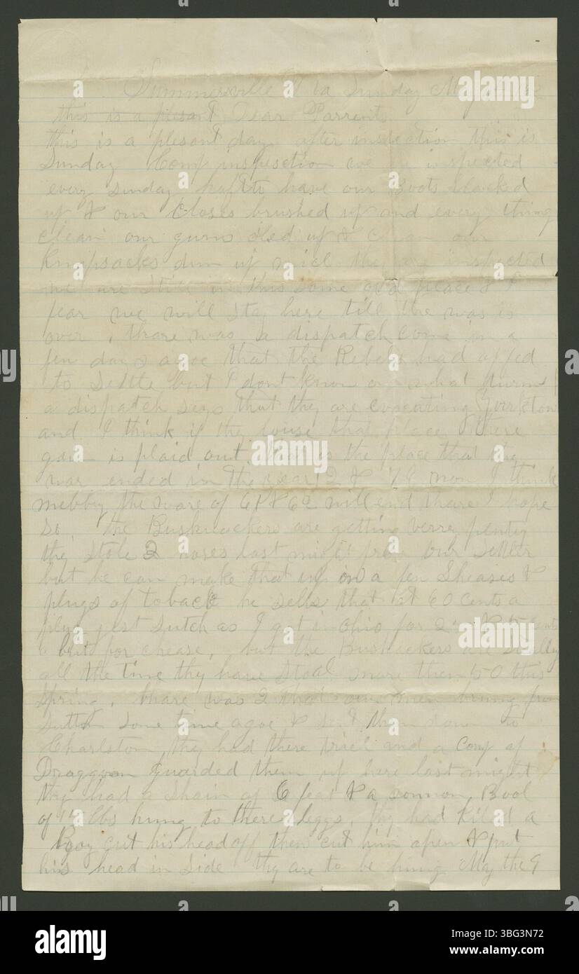 Dieser Brief vom 4. Mai 1862 wurde von Edwin Brown an Almyra Brown geschrieben. Der Brief liefert eine Momentaufnahme der persönlichen Kommunikation während des Bürgerkriegs und spiegelt den sozialen Kontext der Zeit wider. Stockfoto