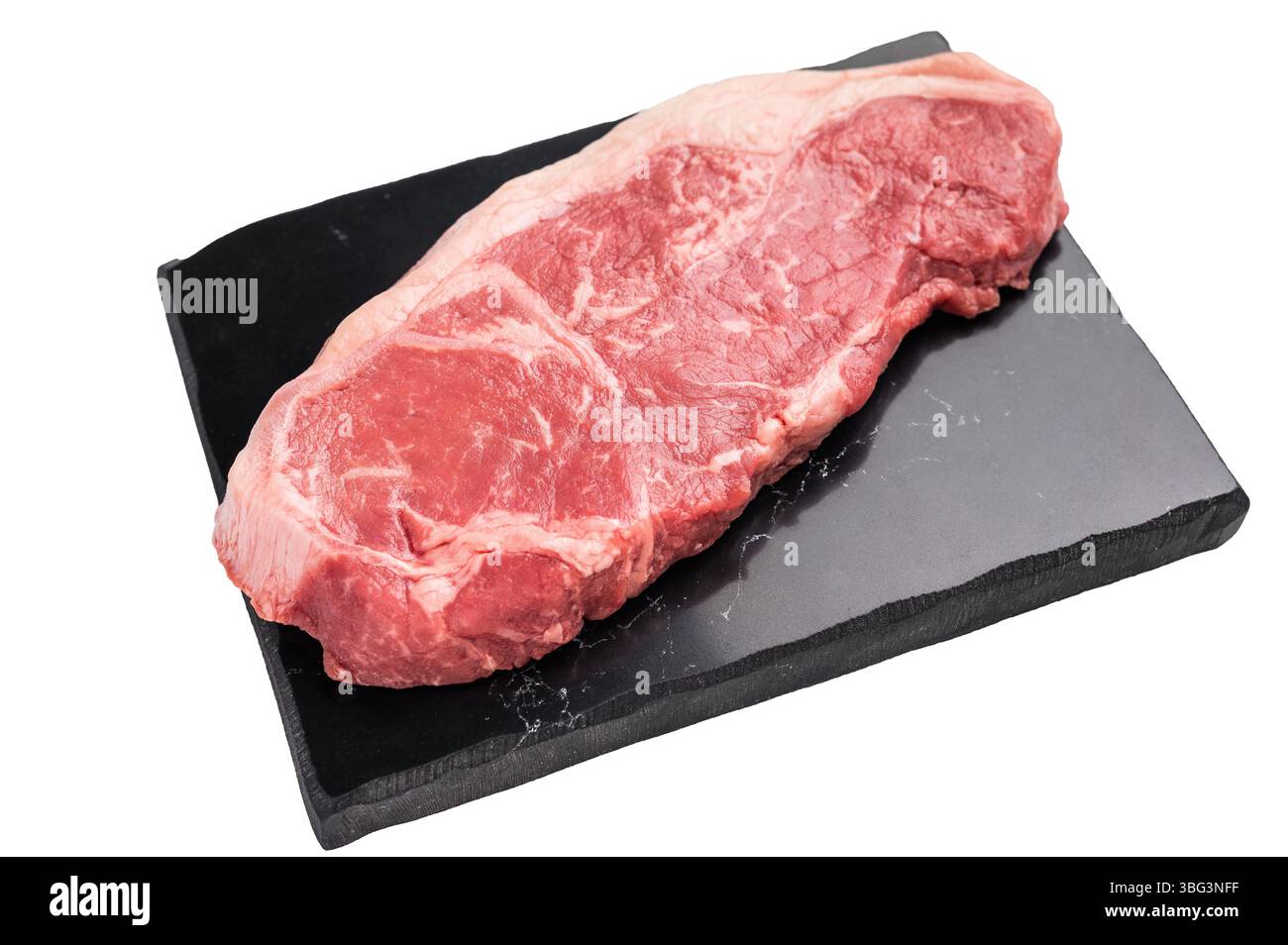 Rohe Rindersteak von Striploin, New York Streifensteak isoliert auf weißem Hintergrund. Stockfoto