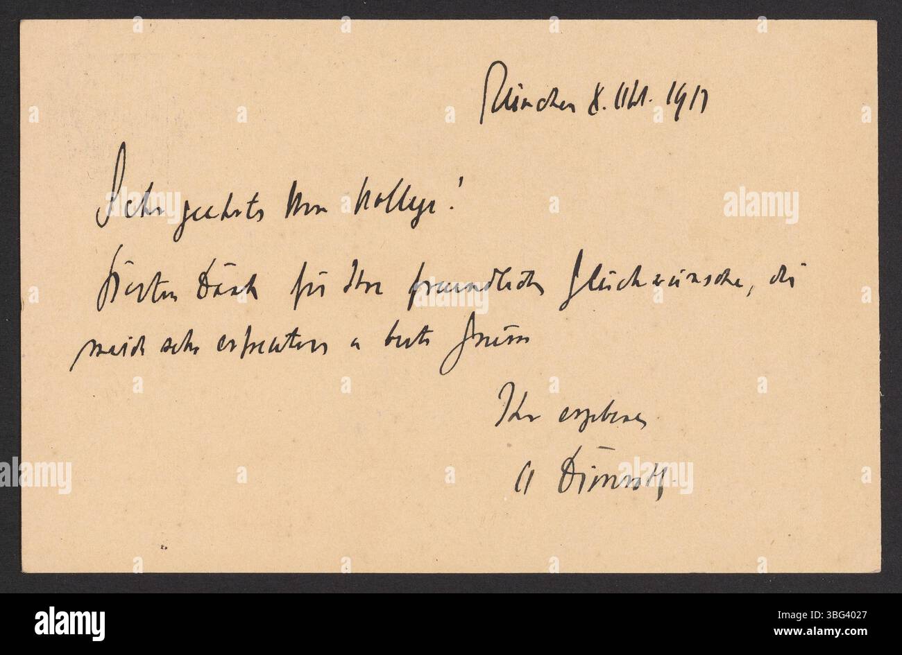 Auf dieser Postkarte von Otto Dimroth an Georg Bredig vom Oktober 1917 bedankt sich Dimroth für Bredigs Glückwünsche. Otto Dimroth, ein deutscher Wissenschaftler und Erfinder des Dimroth-Kondensators, ist bekannt für seine Entdeckung der Dimroth-Umlagerungsreaktion. Dimroth war der Vater des Chemikers Karl Dimroth. Stockfoto