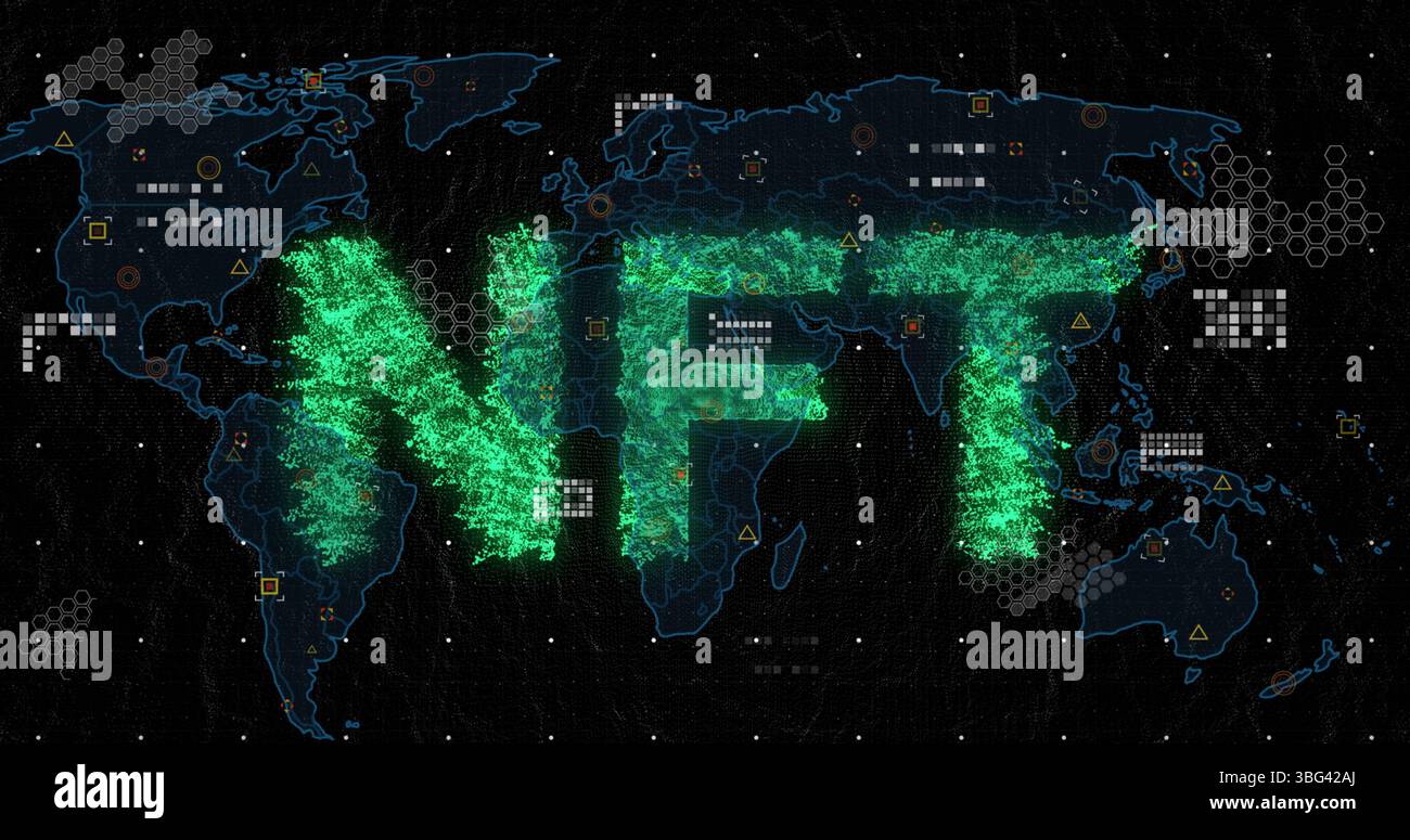 Bild des nft-Textes über der Weltkarte auf schwarzem Hintergrund Stockfoto
