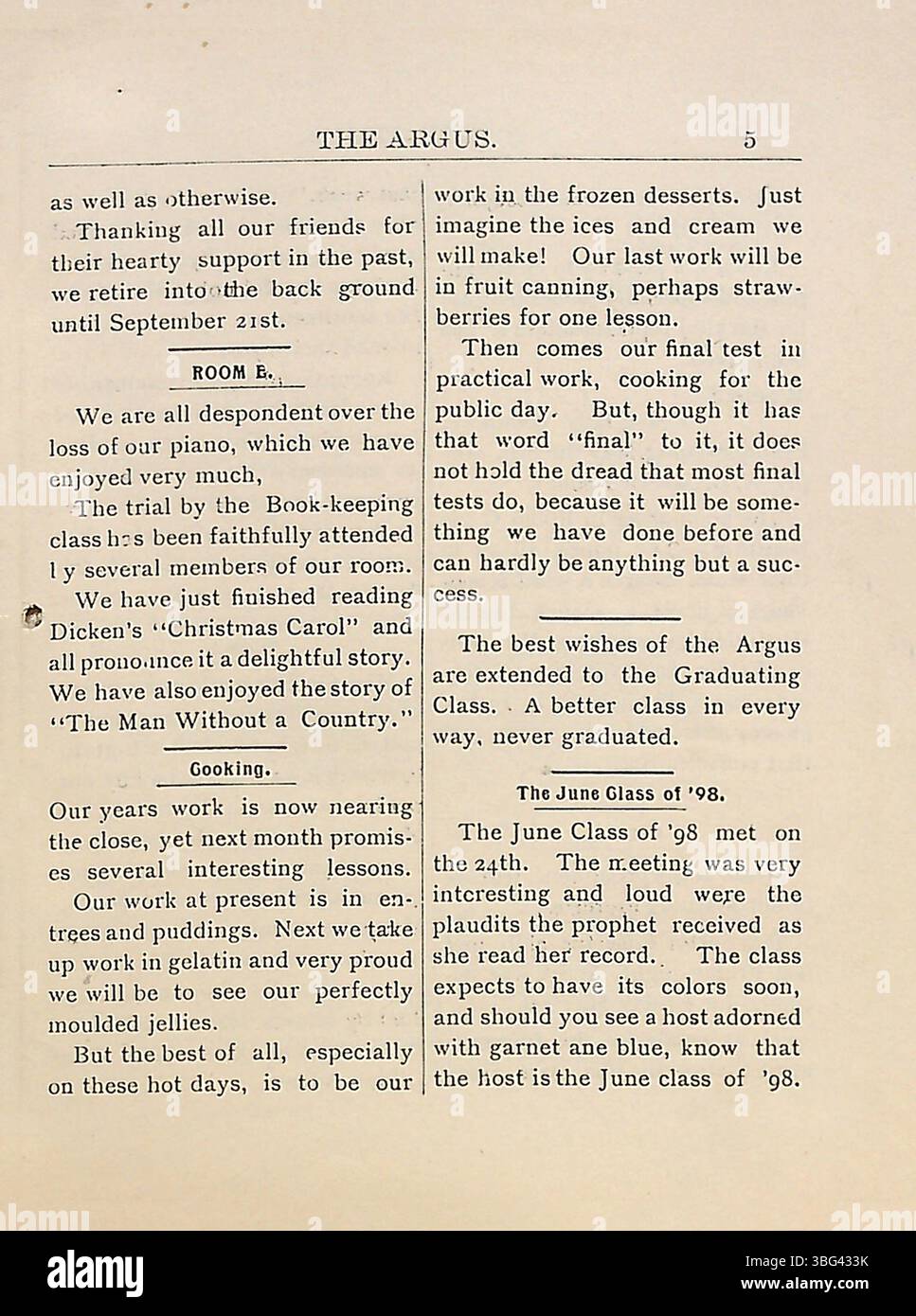 Diese Seite von *The Argus* vom 4. Mai 1896 enthält Schülerartikel zu Schulveranstaltungen, Neuigkeiten und Schülererfahrungen an der Industrial Training School in Indianapolis, Indiana. Stockfoto