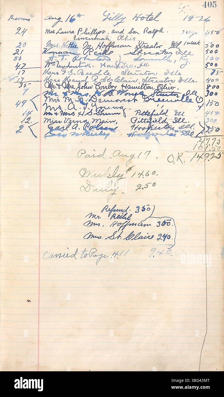 Seite 413 des Hotelbuchs Camp Chesterfield (1922-1927) enthält Aufzeichnungen über Aufenthalte, Buchungen und Veranstaltungsarrangements und bietet einen umfassenden Überblick über die betrieblichen Praktiken und Services des Hotels. Stockfoto