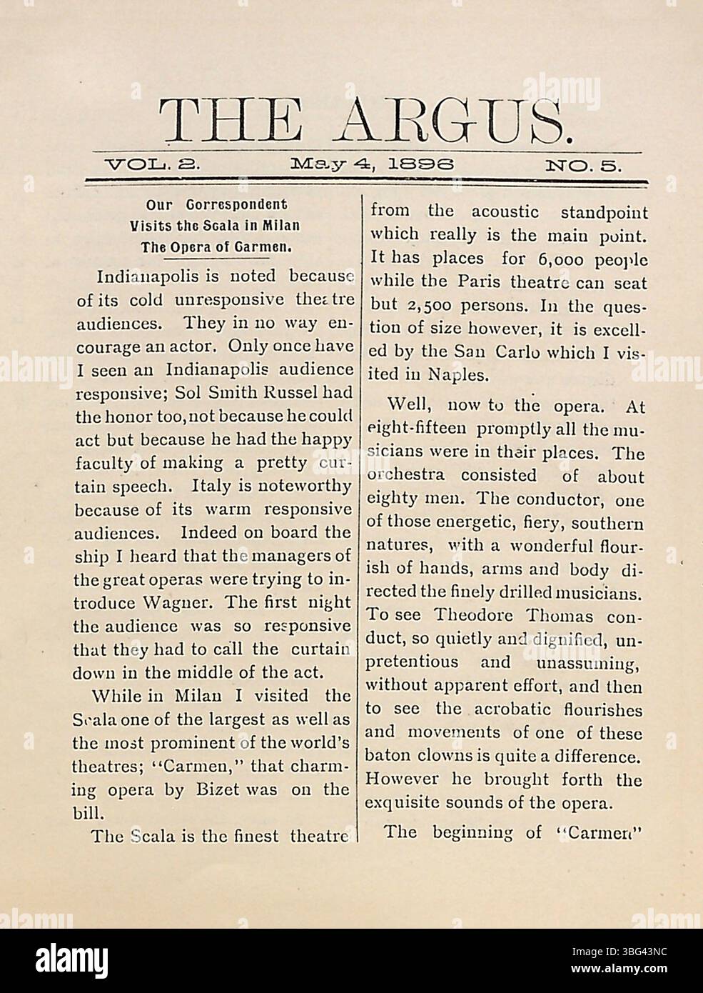 Diese Seite von *The Argus* vom 4. Mai 1896 enthält von Schülern geschriebene Inhalte, die eine Reihe von Themen abdecken, einschließlich Schüleraktivitäten und Nachrichten der Schule. Stockfoto