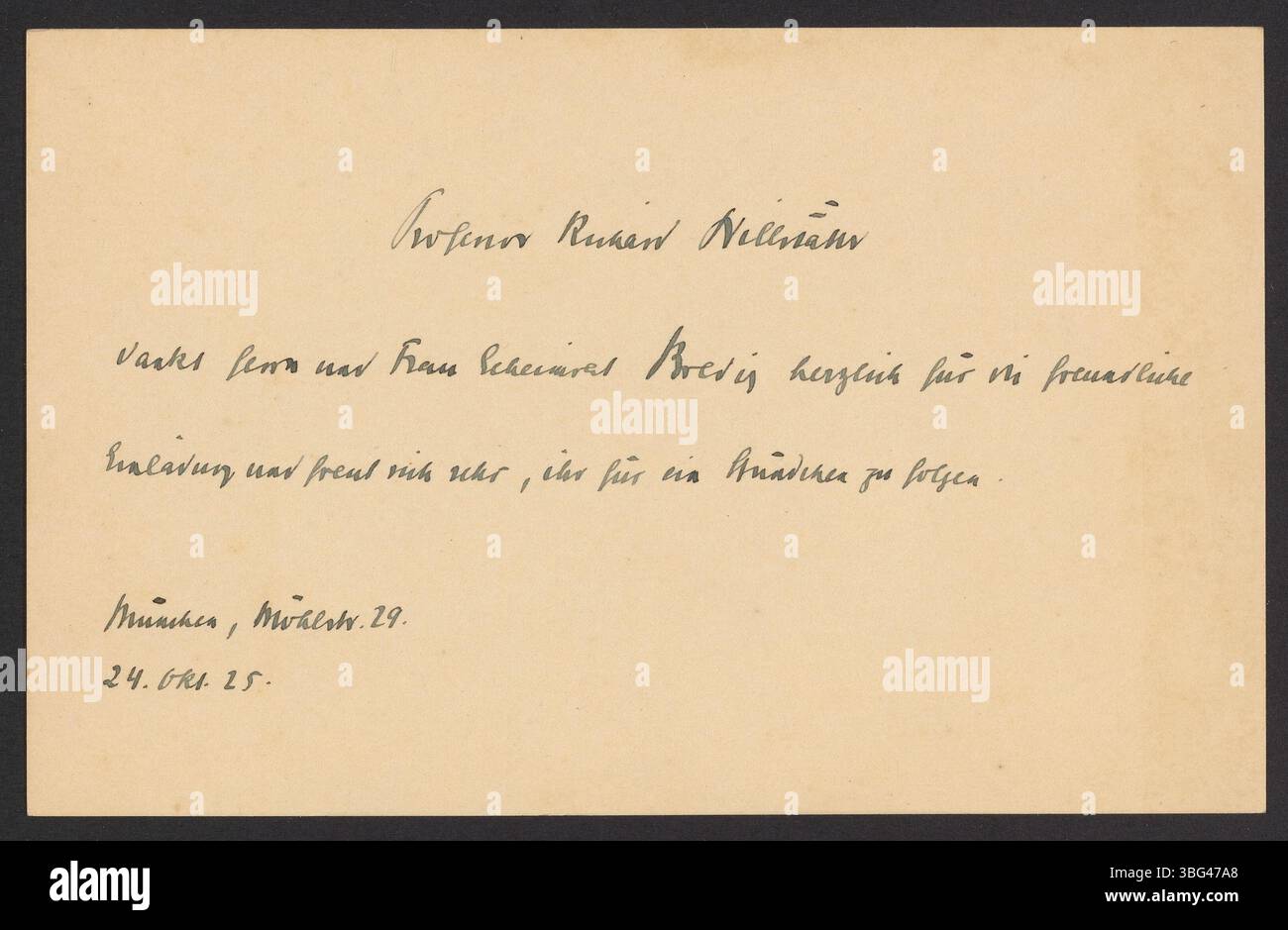 Richard Willstätter, deutscher Chemiker und Nobelpreisträger, dankt Georg und Rosa Bredig für die Einladung. Er war bekannt für seine Arbeit in organischer Chemie und Papierchromatographie. Stockfoto