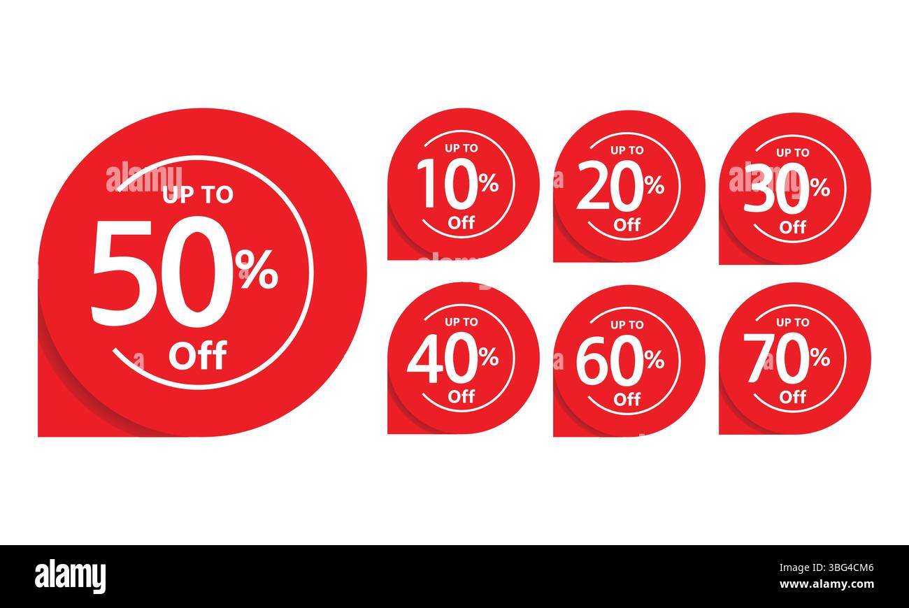 Red Discount Badge Set – Sammlung von Etiketten mit Rabatt in Prozent, Preisnachlass für Aufkleber mit Rabatt in Prozent. Stock Vektor