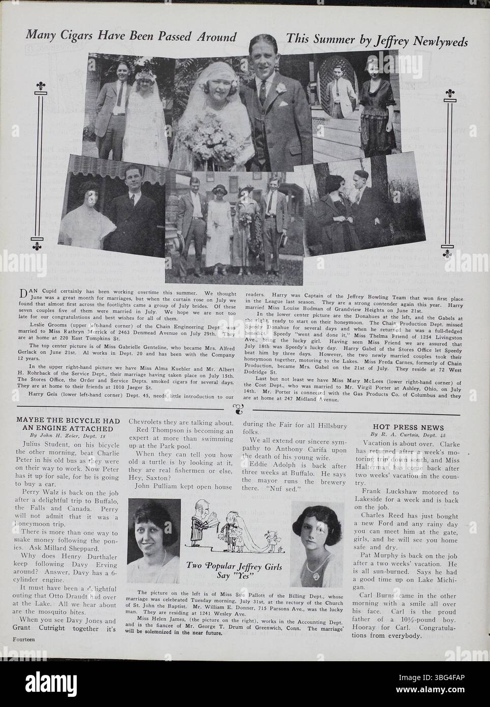 Der Jeffrey Service wurde 1923–1924 veröffentlicht und bot Einblicke in den Betrieb der Jeffrey Company, einschließlich Bergbauausrüstung, Mitarbeiteraktivitäten und gesellschaftliche Veranstaltungen. Mit Fotos von der Anlage, der Ausrüstung und den Familien wurden auch Artikel über den Ersten Weltkrieg und die Mitarbeiter gezeigt, die sich dazu meldeten. Diese Zeitschrift ist ein ausgezeichnetes Werkzeug für Genealogen und Forscher, die sich für Columbus und die Geschichte des Unternehmens interessieren. Stockfoto