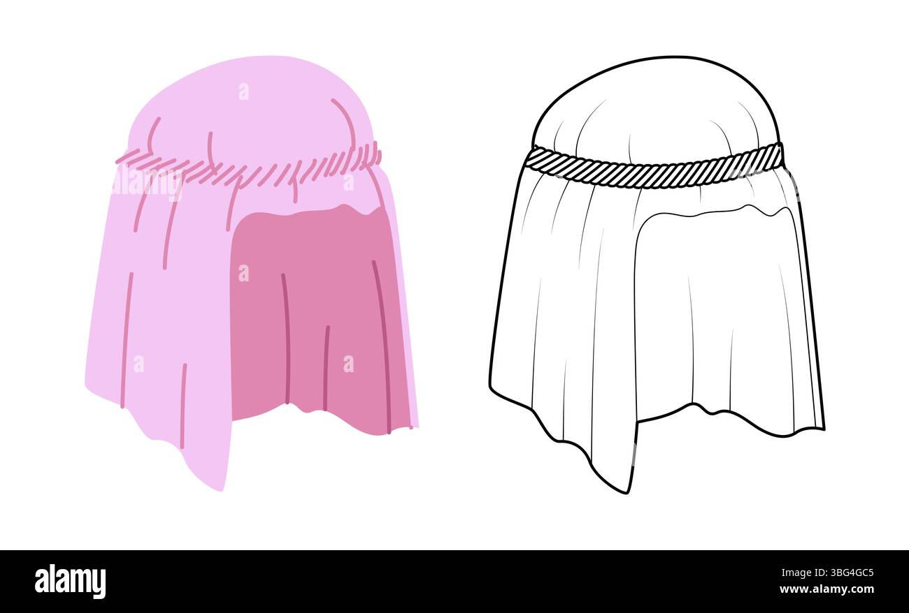 Keffiyeh Hut mit Band. Muslimischer Kopf Schal Mode Accessoire Cap Kleidung technische Illustration. Vektor-Kopfbedeckung für Männer, Frauen, Unisex-Stil, flache Vorlage CAD-Modell Skizze Umriss isoliert Stock Vektor