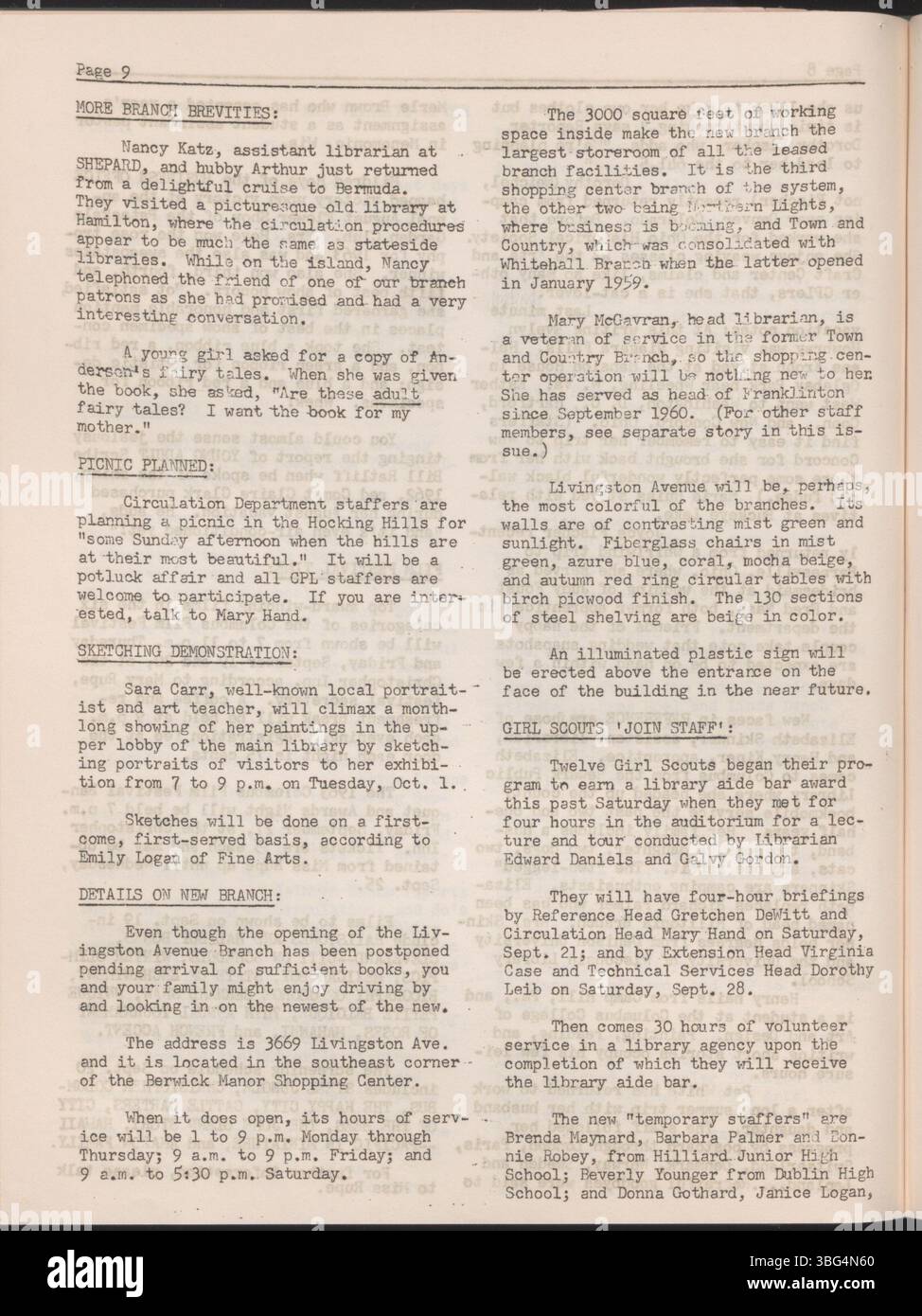 Bookery Briefs ist ein Mitarbeiter-Newsletter der Columbus Metropolitan Library zwischen 1950 und 1977. Im Newsletter wurden Updates zu Bibliotheksereignissen, Mitarbeiterleistungen und Änderungen bei Bibliotheksdiensten veröffentlicht. Stockfoto