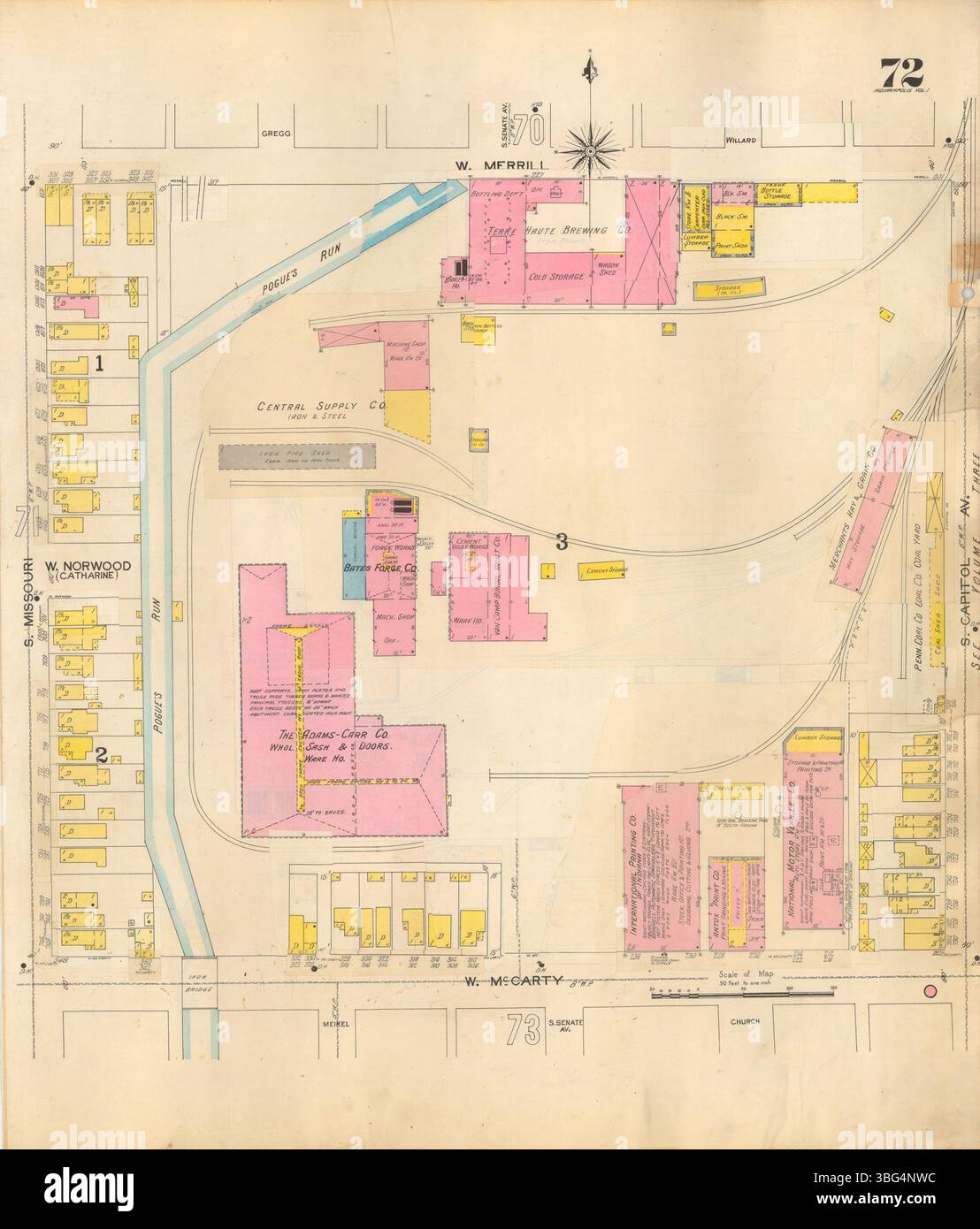 Die Indianapolis Sanborn Map #72 aus dem Jahr 1898 bietet eine detaillierte Darstellung der damaligen Infrastruktur der Stadt und zeigt die Grundrisse, die Gebäudetypen und die spezifische Nutzung von Immobilien. Sanborn-Karten waren im späten 19. Und frühen 20. Jahrhundert von entscheidender Bedeutung für die Brandversicherung und Stadtplanung. Stockfoto