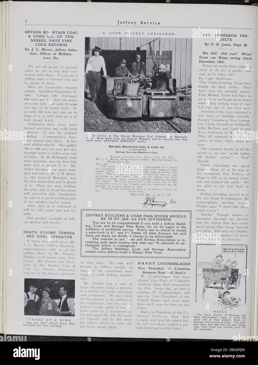 Der Jeffrey Service war ein 1914 erschienener Newsletter des Unternehmens, der Nachrichten über die Jeffrey Company, Bergbauausrüstung und das Leben der Mitarbeiter enthält. Es enthielt Artikel über Firmenveranstaltungen, Sport, gesellschaftliche Versammlungen und Kriegsberichte. Die Publikation enthielt auch Fotos von Arbeitern und ihren Familien, die einen Einblick in die Rolle des Unternehmens in der Geschichte und dem lokalen Erbe von Columbus gaben. Stockfoto