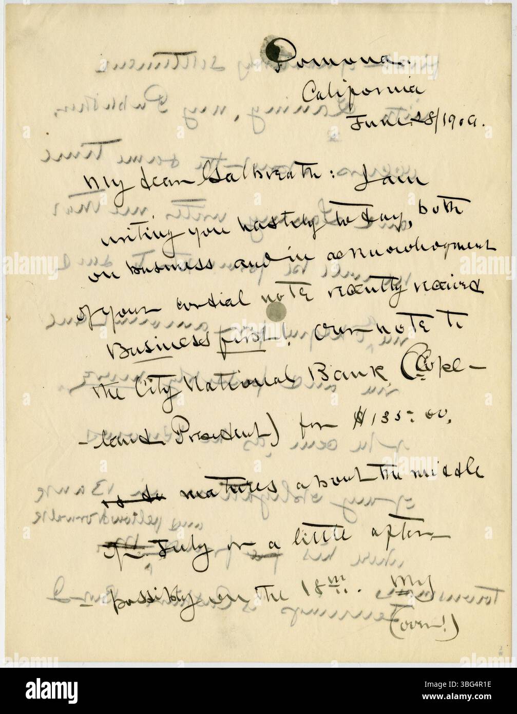 Schreiben vom 28. Juni 1906 von William Jackson Armstrong an Charles B. Galbreath, in dem Armstrongs finanzielle Bedenken in Columbus diskutiert und um Unterstützung bei der Begleichung der Konten gebeten wurden. Armstrong war früher Generalinspektor der US-Konsulate im Ausland, Historiker, politischer Aktivist und Dozent für Sozialreformen. Er lebte in Kalifornien zur Zeit seiner Korrespondenz mit Galbreath, Ohio State Librarian. Stockfoto Schreiben vom 28. Juni 1906 von William Jackson Armstrong an Charles B. Galbreath, in dem Armstrongs finanzielle Bedenken in Columbus diskutiert und um Unterstützung bei der Begleichung der Konten gebeten wurden. Armstrong war früher Generalinspektor der US-Konsulate im Ausland, Historiker, politischer Aktivist und Dozent für Sozialreformen. Er lebte in Kalifornien zur Zeit seiner Korrespondenz mit Galbreath, Ohio State Librarian. Stockfoto