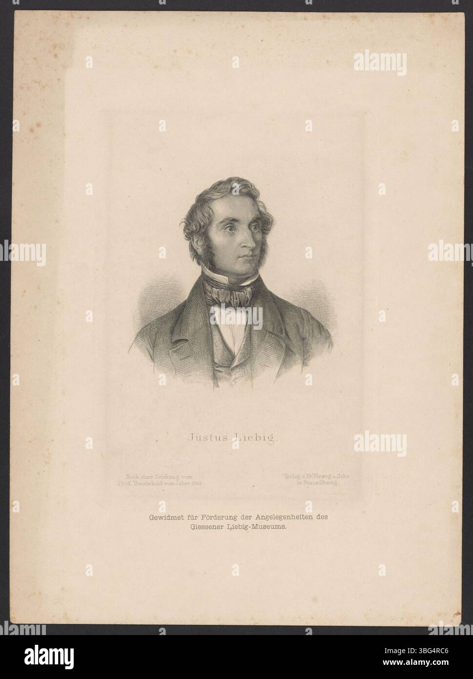 Ein Porträt von Justus von Liebig (1803–1873), einem deutschen Chemiker und Professor, der für seine grundlegenden Beiträge zur organischen Chemie bekannt ist. Das Porträt basiert auf einer Zeichnung von Wilhelm Trautschold, die nach 1845 fertiggestellt wurde. Stockfoto