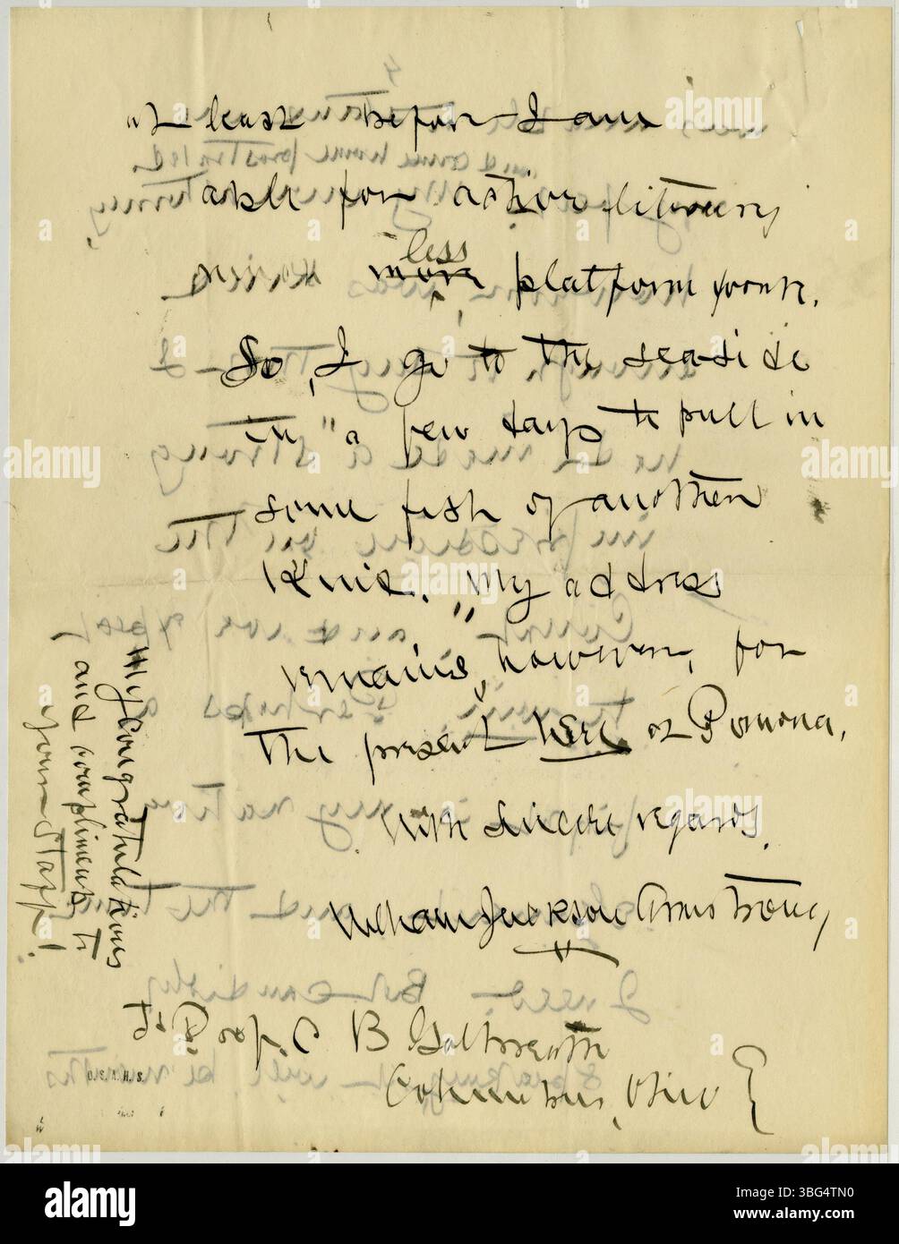 Schreiben vom 23. Juli 1906 von William Jackson Armstrong an Charles B. Galbreath. Armstrong spricht über die Rückzahlung einer kleinen Schuld, über seine Ansichten zu Mist-Räubern und über einen kürzlich in Los Angeles vorgebrachten Gerichtsfall. Armstrong war ein ehemaliger Generalinspektor der US-Konsulate, Historiker, politischer Aktivist und Dozent für Sozialreformen und lebte in Kalifornien während dieser Korrespondenz mit Galbreath, dem Ohio State Librarian. Stockfoto Schreiben vom 23. Juli 1906 von William Jackson Armstrong an Charles B. Galbreath. Armstrong spricht über die Rückzahlung einer kleinen Schuld, über seine Ansichten zu Mist-Räubern und über einen kürzlich in Los Angeles vorgebrachten Gerichtsfall. Armstrong war ein ehemaliger Generalinspektor der US-Konsulate, Historiker, politischer Aktivist und Dozent für Sozialreformen und lebte in Kalifornien während dieser Korrespondenz mit Galbreath, dem Ohio State Librarian. Stockfoto