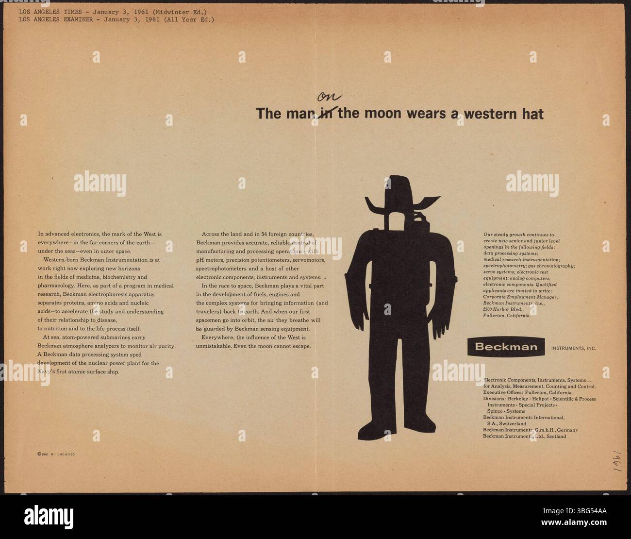Eine Werbung aus dem Jahr 1961, in der Beckman Instruments vorgestellt wird, in der die Beiträge des Unternehmens zur Raumfahrttechnologie während der frühen bemannten Missionen der NASA, einschließlich Gemini, sowie Instrumente zur Überwachung der Gesundheit von Astronauten hervorgehoben werden. Stockfoto