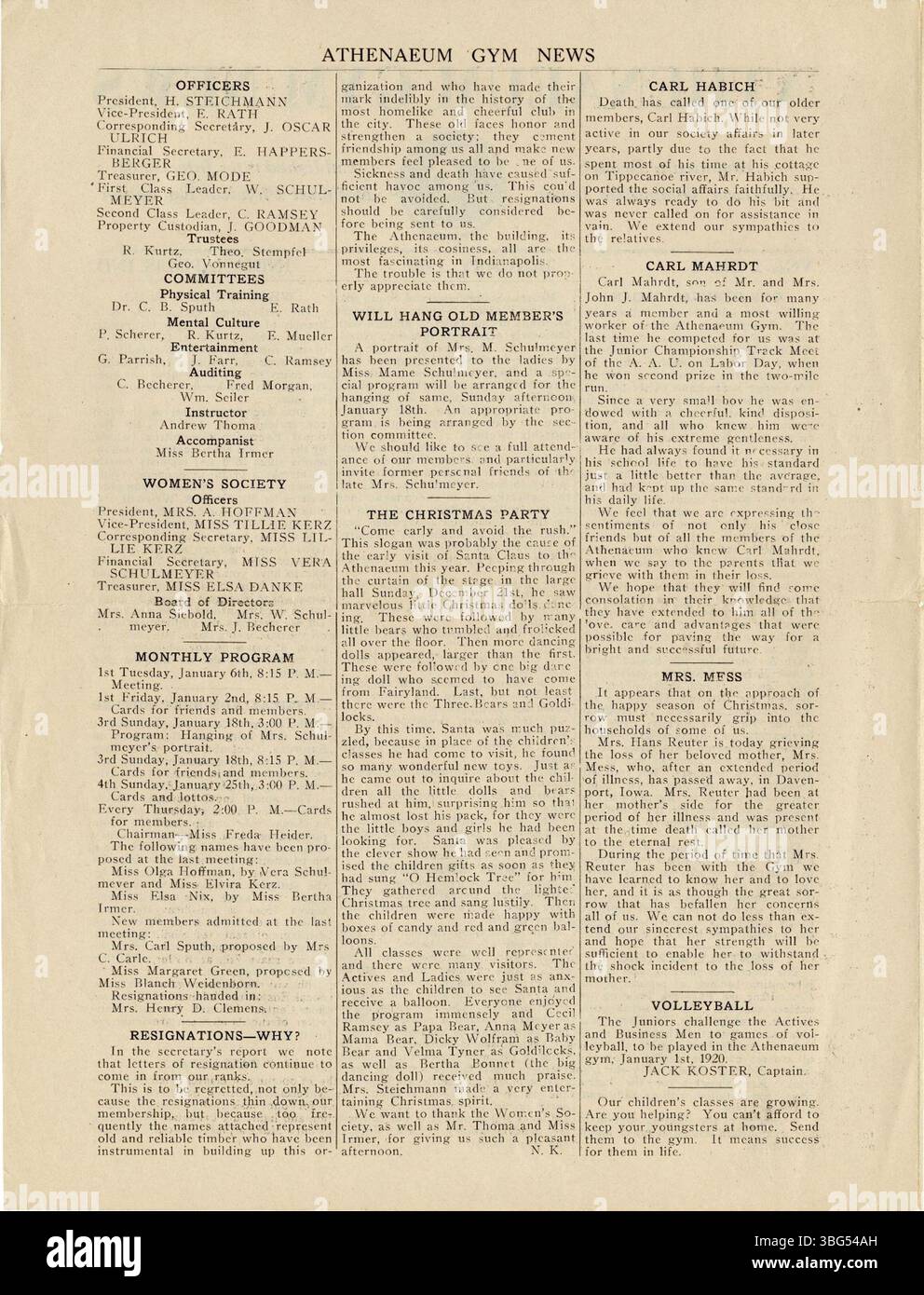 Die zweite Seite der Ausgabe von Athenaeum Gym News vom Januar 1920, die fortlaufende Berichterstattung über Fitnessaktivitäten und Fitness-News für die Community. Stockfoto