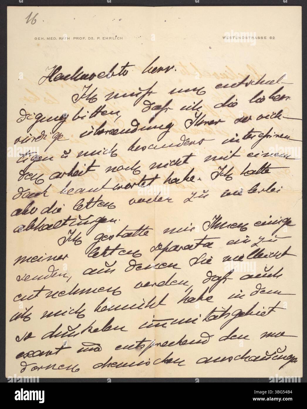 In diesem undatierten Brief dankt Paul ehrlich Georg Bredig für seine wissenschaftliche Arbeit und erwähnt, dass er einige seiner jüngsten Arbeiten zur Immunchemie, einschließlich der Diphtherie-Forschung, als Antwort schicken wird. Ehrlich gewann 1908 den Nobelpreis für Physiologie oder Medizin. Stockfoto
