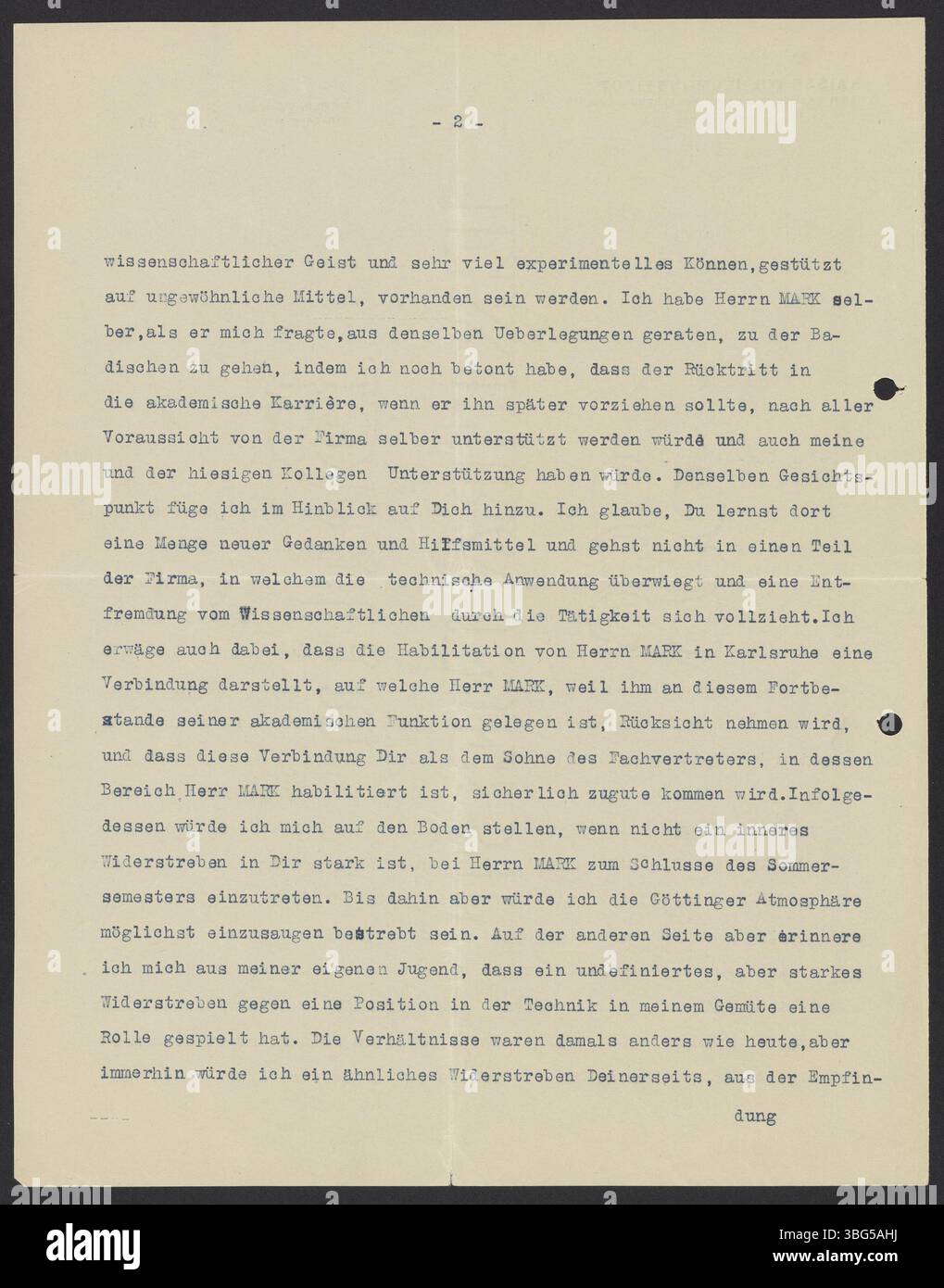 Fritz Habers Brief an Max Bredig vom 9. Mai 1927 informiert Bredig über die Entscheidung der Rockefeller Foundation, seine Bewerbung für eine Arbeit in Kalifornien abzulehnen. Haber erwähnt alternative berufliche Möglichkeiten für Bredig. Stockfoto