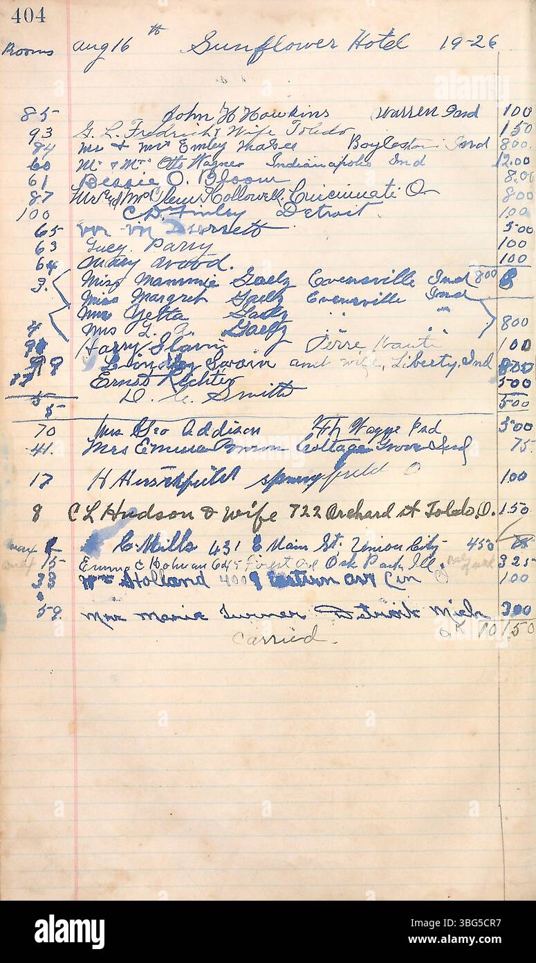 Seite 412 des Camp Chesterfield Hotelbuchs (1922-1927) enthält detaillierte Aufzeichnungen über die Gästeunterkünfte, Veranstaltungsbuchungen und Hoteldienstleistungen und gibt einen Einblick in den Hotelbetrieb Anfang der 1920er Jahre Stockfoto