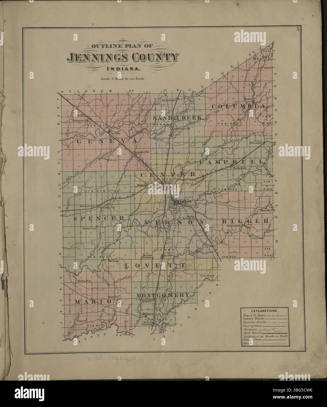 Dieser atlas aus dem Jahr 1884 bietet detaillierte Karten von Jennings County, Indiana, die Townships und Landbesitz mit geografischen und Katasterdaten hervorheben. Stockfoto