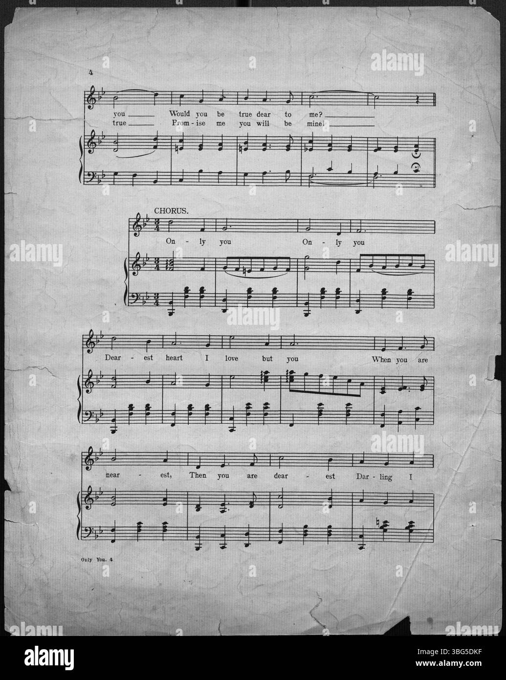 Die Version von „Only You“ aus dem Jahr 1908 weckt weiterhin Emotionen romantischer Hingabe. Diese Seite der Partitur unterstreicht ihre Bedeutung in der populären Musikkultur des frühen 20. Jahrhunderts. Stockfoto