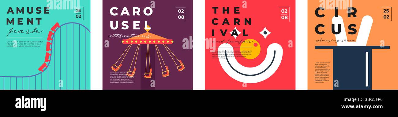 Das Banner des Vergnügungsparks ist mit Fahrgeschäften, Clowns und Feuerwerken besetzt. Flaches Vektorlayout mit Karussell, Riesenrad und Achterbahn. Festliche Sommermesse für Kinder und Familienspaß. Stock Vektor