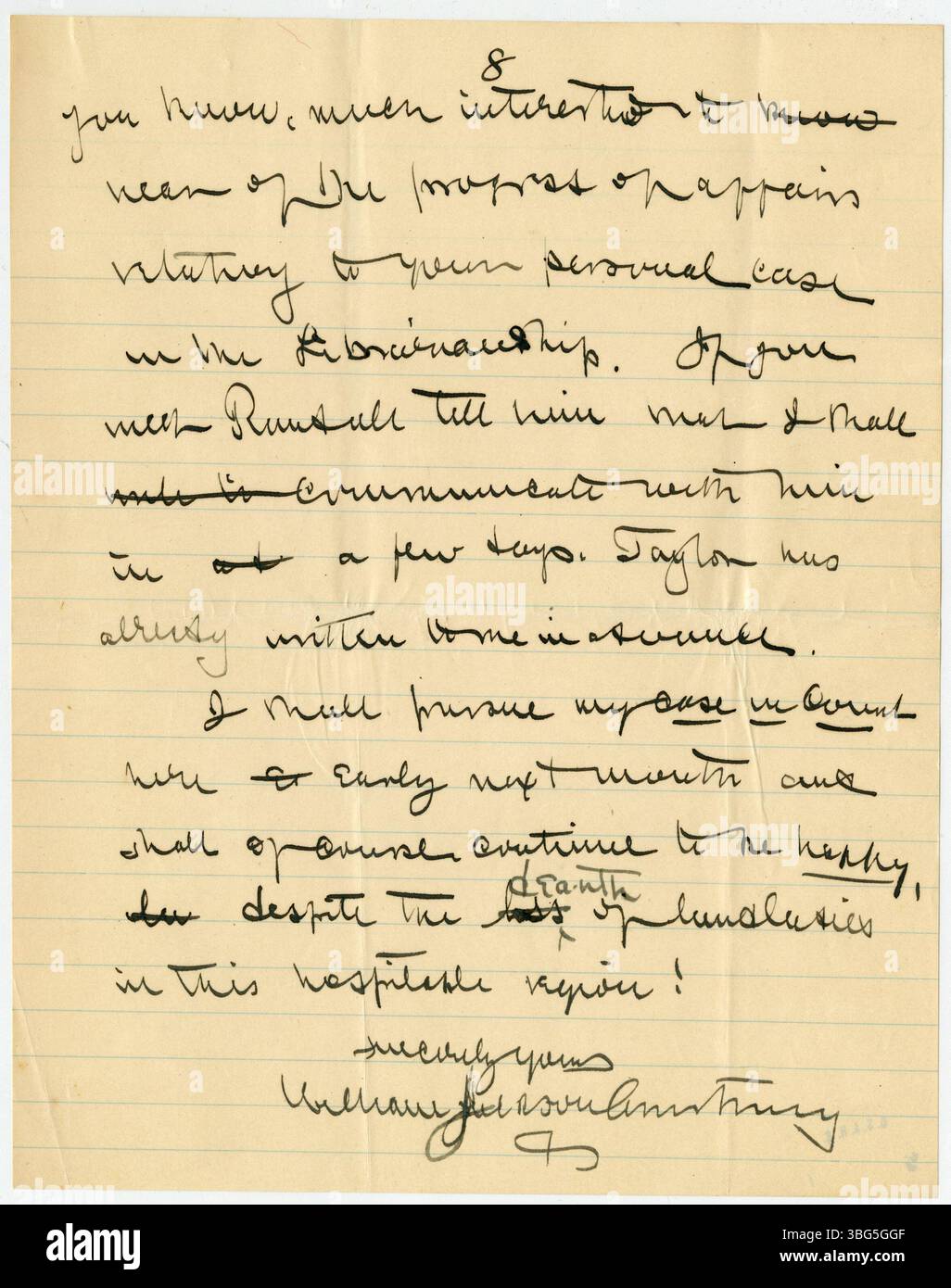 Am 11. Mai 1906 beschreibt ein Brief von William Jackson Armstrong an Charles B. Galbreath Armstrongs Zeit in Kalifornien und seine Zukunftspläne. Armstrong, ein ehemaliger Generalinspektor und politischer Aktivist des US-Konsulats, war ein ausgesprochener Befürworter sozialer Reformen. Er lebte während dieser Korrespondenzzeit in Kalifornien. Stockfoto