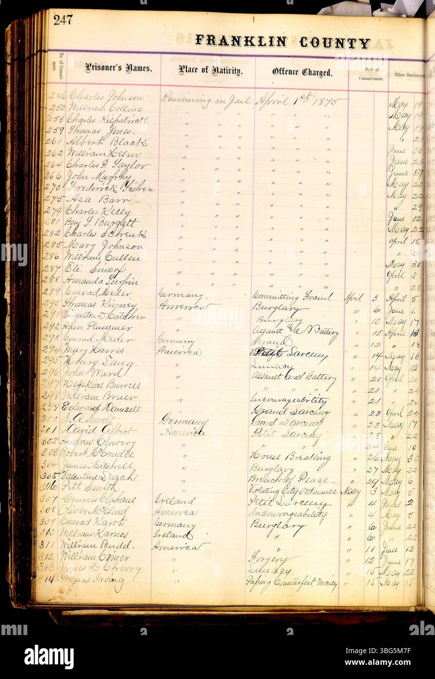 Das Franklin County Jail Records für 1860-1892 enthält detaillierte Informationen über Gefangene wie Name, Anklage, Krippe, Verpflichtung und Entlassungsdatum. Diese Aufzeichnungen bieten einen historischen Überblick über das Strafjustizierungssystem in Ohio während des späten 19. Jahrhunderts. Stockfoto
