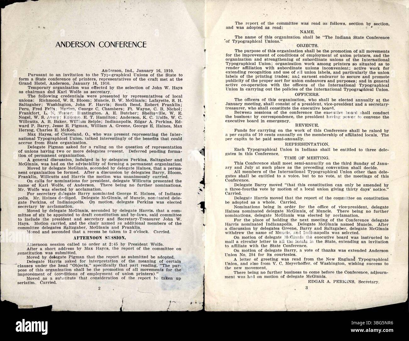 Seite 2 der Indiana State Conference of Typographic Unions' Proceedings von 1910 beschreibt die Diskussionen über die Arbeitsbedingungen und die Lohnstandards der Arbeiter in der Druckindustrie. Stockfoto