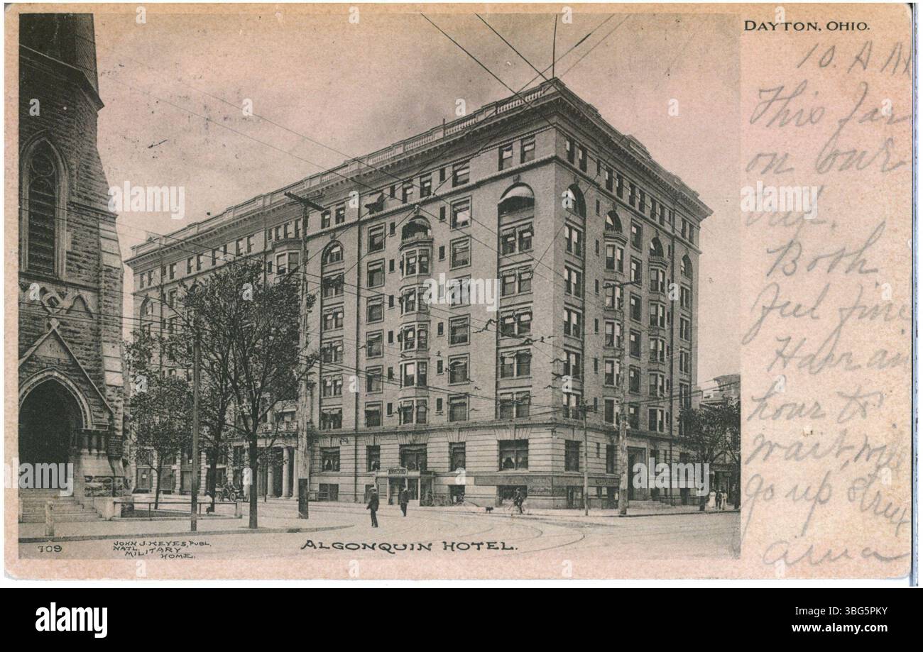 Das Algonquin Hotel in Dayton, Ohio, war 1907 ein prominentes Hotel in der Stadt. Es bot Besuchern und Einheimischen im frühen 20. Jahrhundert Unterkunft. Stockfoto