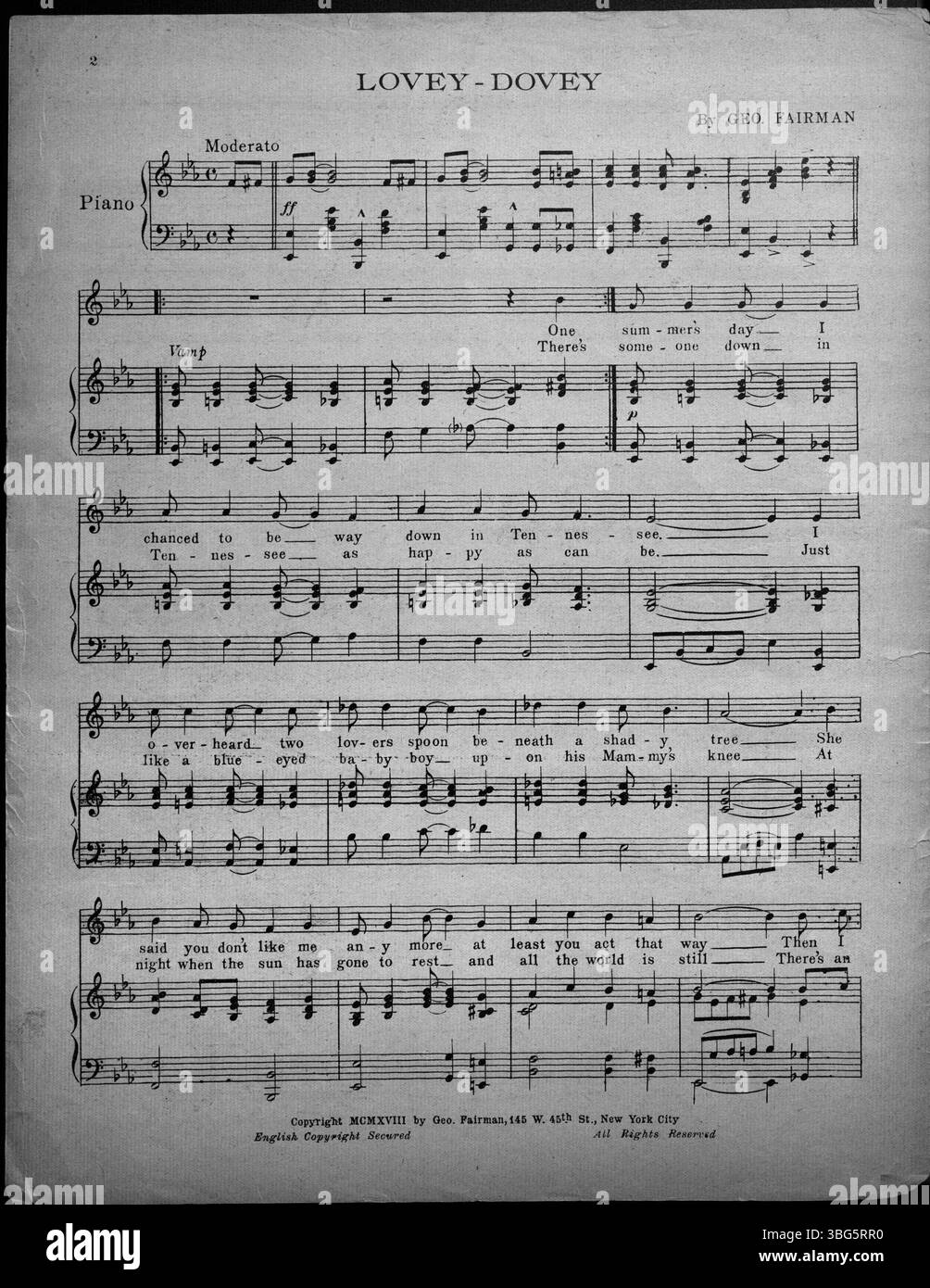 Die 1918 erschienene Publikation Lovey Dovey zeigt ein Titelbild von Al. Und Fanny Stedman, der ihren großen Song-Hit präsentiert. Dies spiegelt die kulturelle Bedeutung ihrer Werke in der Musik des frühen 20. Jahrhunderts wider. Stockfoto