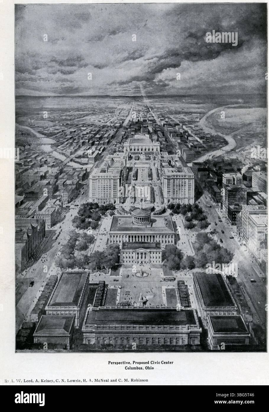 Der Bericht der Columbus Plan Commission von 1908 schlug ein neues Civic Center in der Innenstadt von Columbus vor. Das vorgeschlagene Gebiet wurde nie wie in den Plänen dargestellt errichtet. Stockfoto