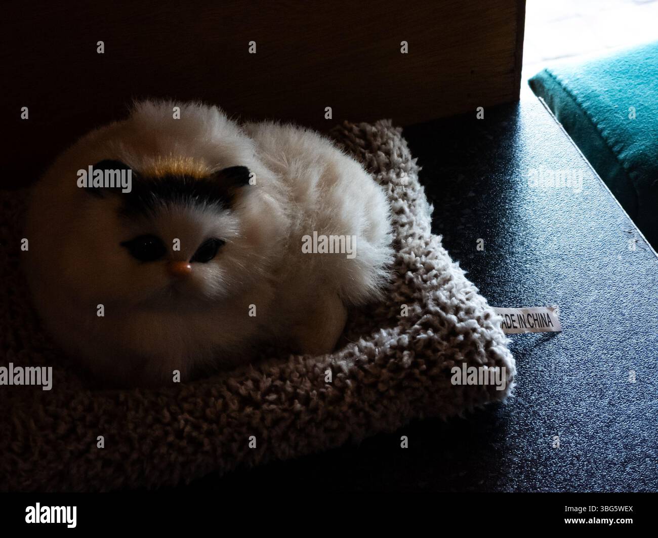 Ein flauschiges Katzenspielzeug liegt auf einer weichen Oberfläche und bringt Wärme und Charme in jeden Innenraum. Ideal, um Ihrem Zuhause einen Hauch von niedlichem Dekor hinzuzufügen. Stockfoto