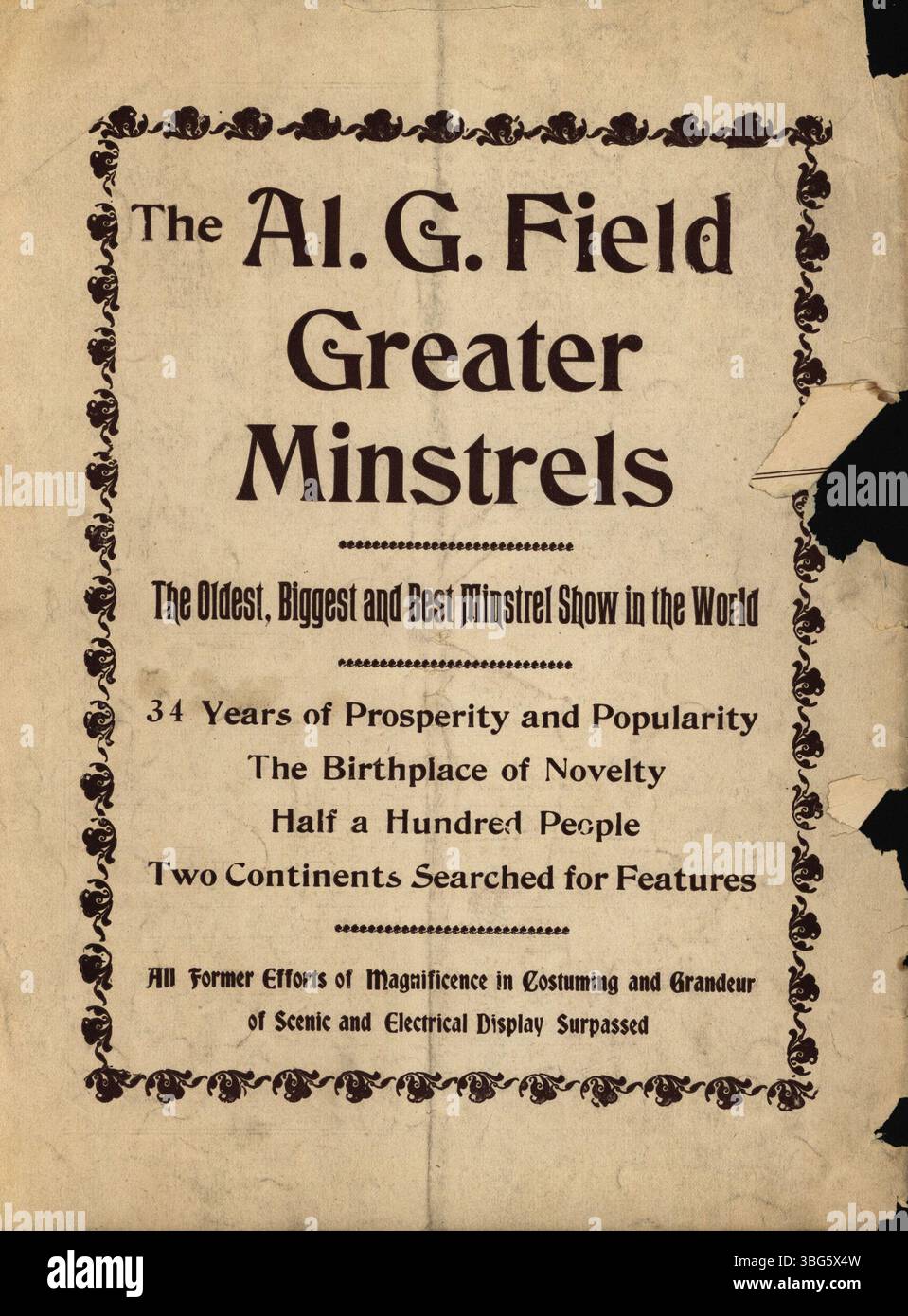 Dieses Liedbuch aus dem Jahr 1919 enthält beliebte Musik- und Volkslieder der Al G. Field Minstrels. Die 1886 gegründete Truppe hatte ihren Sitz in Columbus und war ein wichtiger Akteur in der amerikanischen Musik-Tradition. Das Liederbuch enthält musikalische Partituren und Texte für Aufführungen. Stockfoto