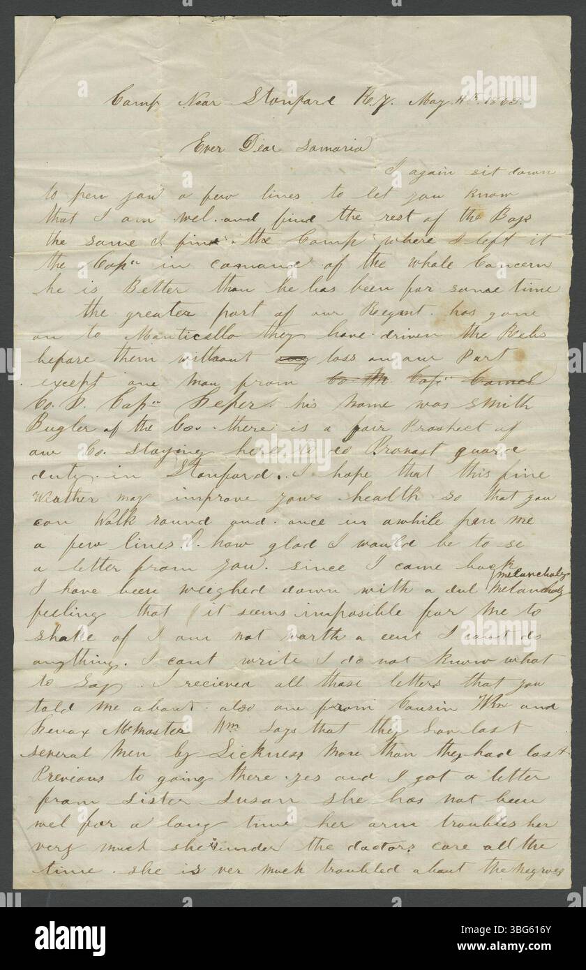 Dieser Brief, geschrieben von William McKnight an Samaria McKnight am 4. Mai 1863, bietet eine persönliche Reflexion von McKnights Erfahrungen und Emotionen während des Bürgerkriegs. Stockfoto