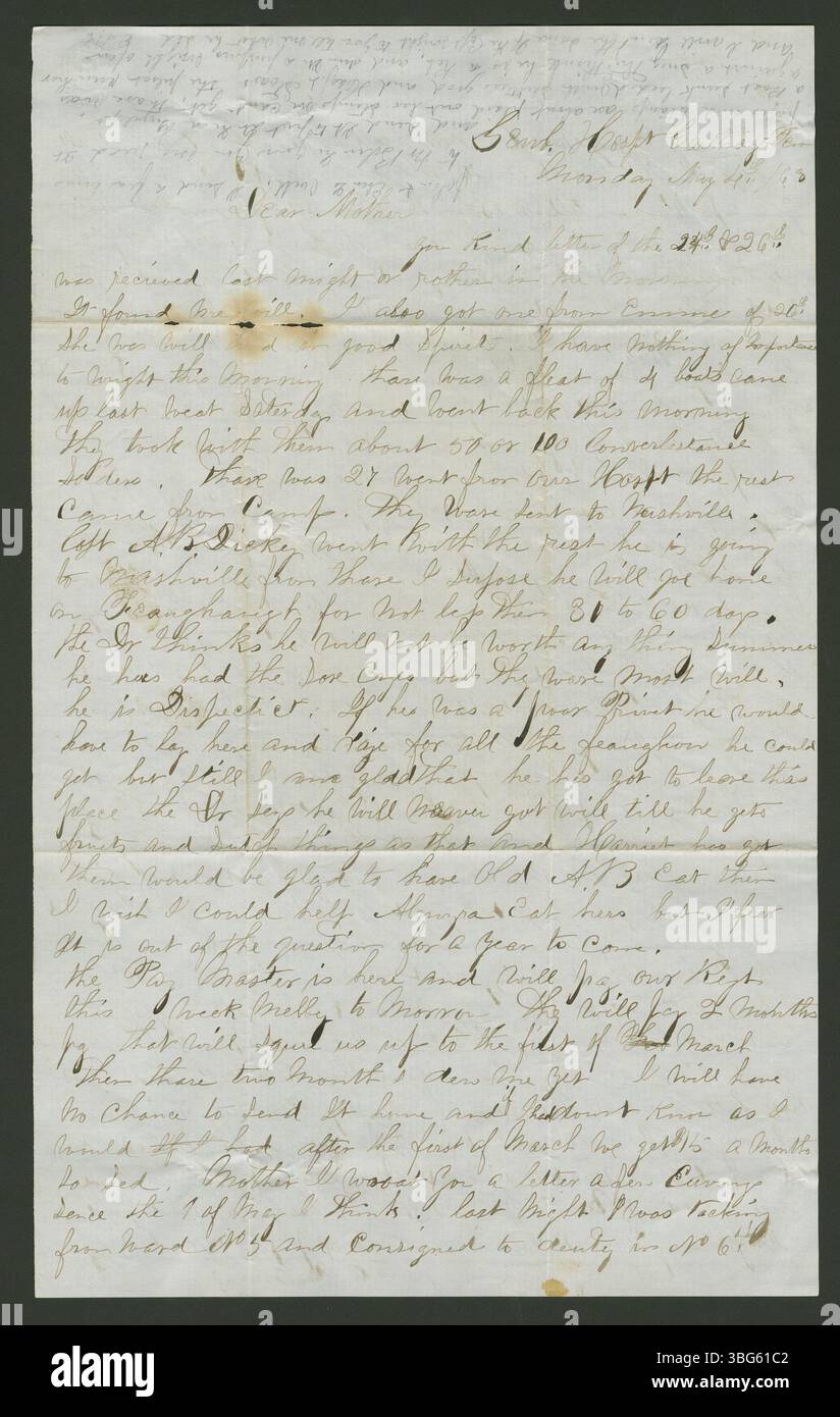 Dieser Brief vom 4. Mai 1863 von Edwin Brown an Almyra Brown bietet persönliche Einblicke in die Zeit des Bürgerkriegs und enthüllt die emotionalen und praktischen Realitäten des Lebens während des Krieges. Stockfoto