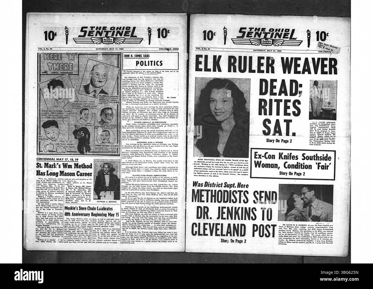 The Ohio State Sentinel, eine wöchentliche afroamerikanische Zeitung, begann am 1. Juni 1949 in Columbus, Ohio. Sie konzentrierte sich auf die Berichterstattung über lokale Nachrichten in Columbus sowie landesweite Angelegenheiten, die für die afroamerikanische Bevölkerung von Bedeutung waren, um den Anliegen der Gemeinschaft und den Ereignissen der damaligen Zeit Gehör zu verschaffen. Stockfoto