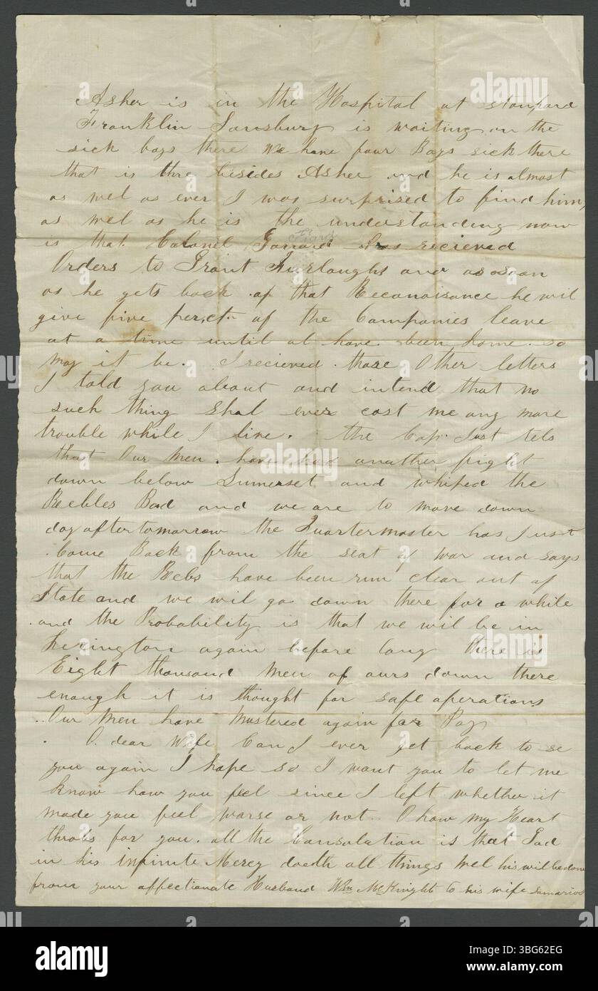 William McKnights Brief an Samaria McKnight vom 4. Mai 1863 fasst McKnights Emotionen und persönliche Erfahrungen während des Bürgerkriegs ein und reflektiert die Prozesse und Herausforderungen dieser Ära. Stockfoto