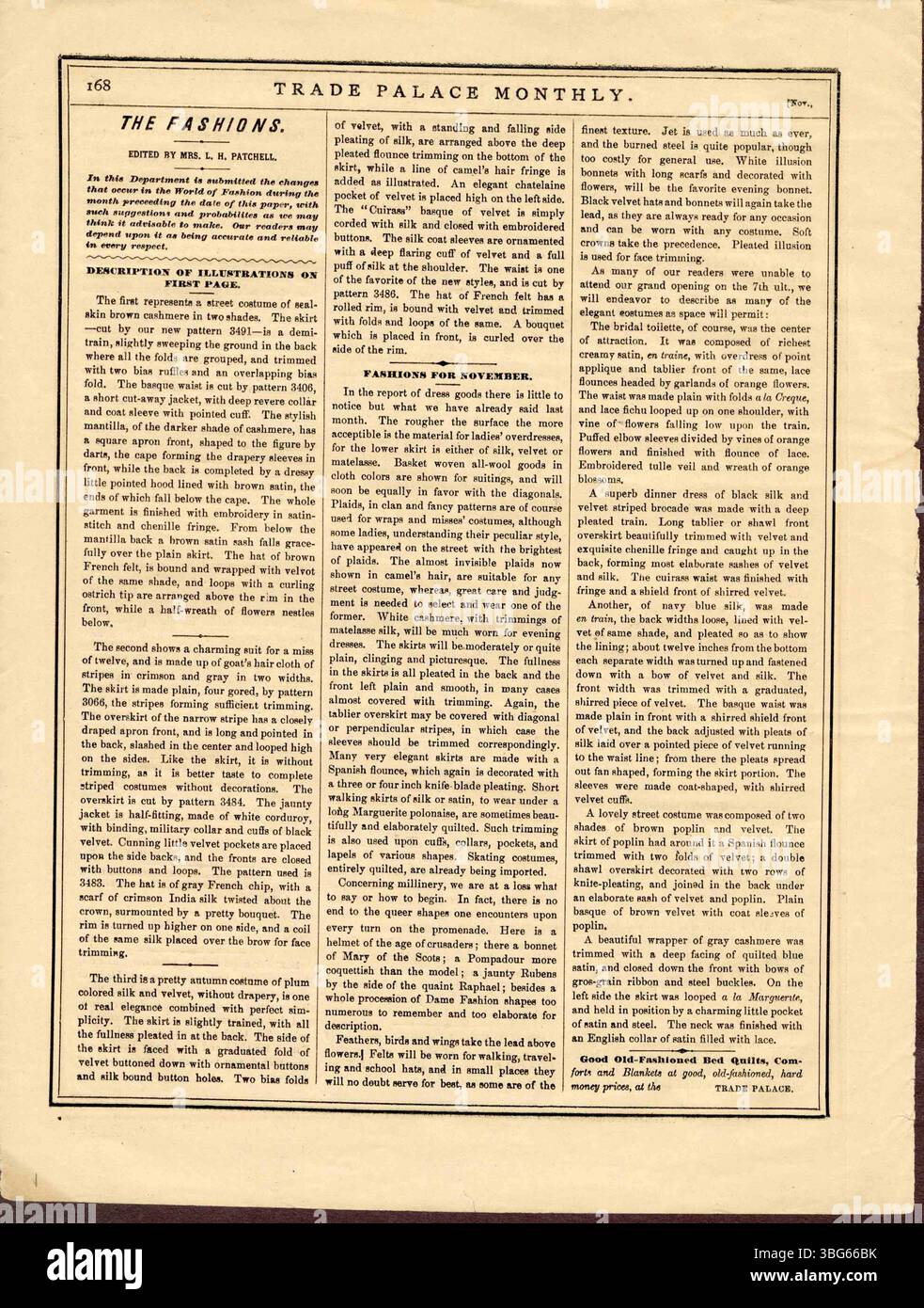 Diese Sammlung der Ausgabe von September bis Dezember 1874 des Trade Palace Monthly enthält Artikel über Mode, Kleidung, Ladenwaren und allgemeine Themen, die Einblicke in die Einzelhandelslandschaft des späten 19. Jahrhunderts geben. Es war ein Vorläufer des L.S. Ayres Kaufhauses. Stockfoto
