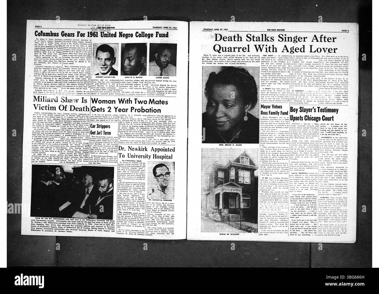 Das Ohio State Sentinel, gegründet am 1. Juni 1949, berichtete über lokale und staatliche Probleme, die die afroamerikanische Gemeinde in Columbus, Ohio, betreffen. Im April 1961 wurden politische Fragen, Bürgerrechtsprobleme und kulturelle Fragen beleuchtet, die für Afroamerikaner von Bedeutung sind. Stockfoto