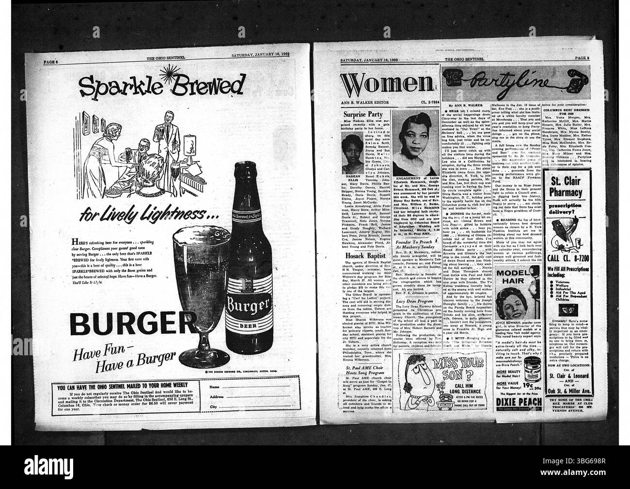 Die Ohio State Sentinel, eine wöchentliche afroamerikanische Zeitung, berichtete im Januar 1960 weiterhin über Bürgerrechte, lokale Nachrichten und Staatsfragen, die die Schwarze Gemeinde in Columbus und ganz Ohio betreffen. Stockfoto