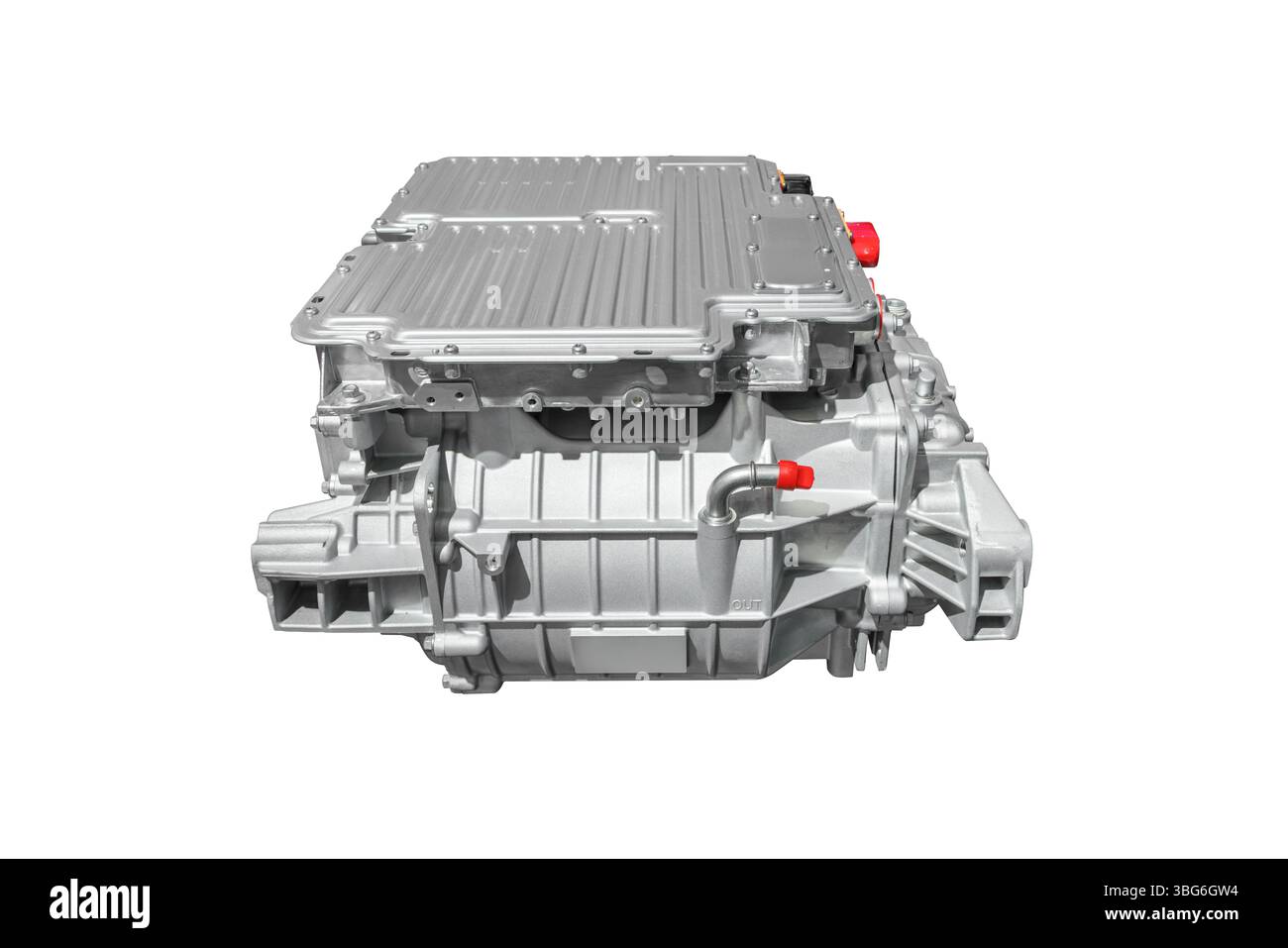 EV-Motorblock Automotorteil modernes Auto Elektrofahrzeug Technologie isoliert auf weißem Hintergrund Stockfoto
