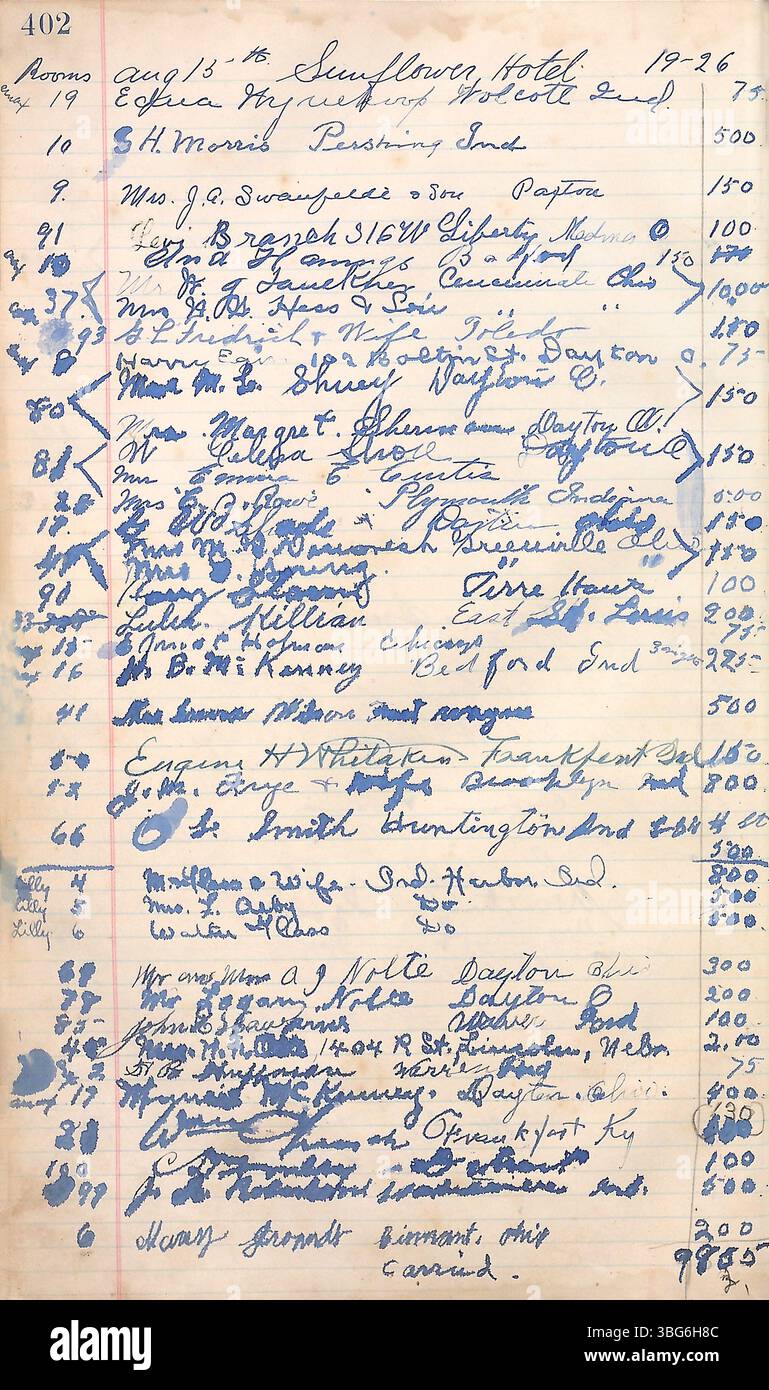 Seite 410 des Hotelbuchs Camp Chesterfield (1922-1927) enthält zusätzliche Gäste- und Veranstaltungsaufzeichnungen, die einen Einblick in die betrieblichen Aktivitäten des Hotels während dieses Zeitraums bieten. Stockfoto