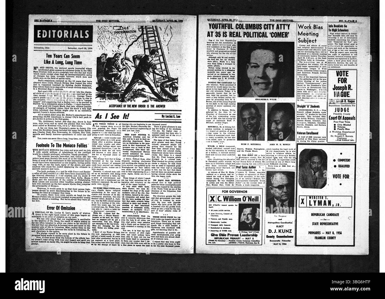 Die Ausgabe des Ohio State Sentinel vom 28. April 1956 setzt seine umfassende Berichterstattung über lokale, staatliche und nationale Fragen fort, die die afroamerikanische Gemeinschaft betrafen, mit einem besonderen Schwerpunkt auf Bürgerrechten und Rassengerechtigkeit in Columbus, Ohio. Stockfoto