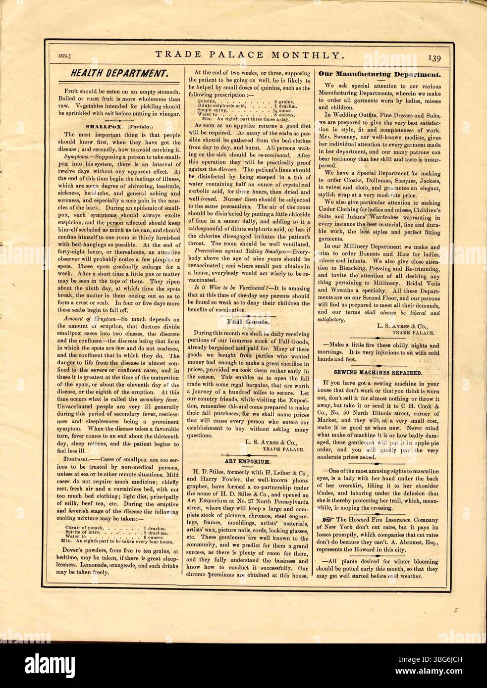 Die Ausgabe von September bis Dezember 1874 von Trade Palace Monthly enthält Mode, Waren und allgemeine Artikel. Diese frühen Ausgaben dienten als Vorläufer des L.S. Ayres Department Store und gaben Einblicke in die Einzelhandelskultur des 19. Jahrhunderts. Stockfoto