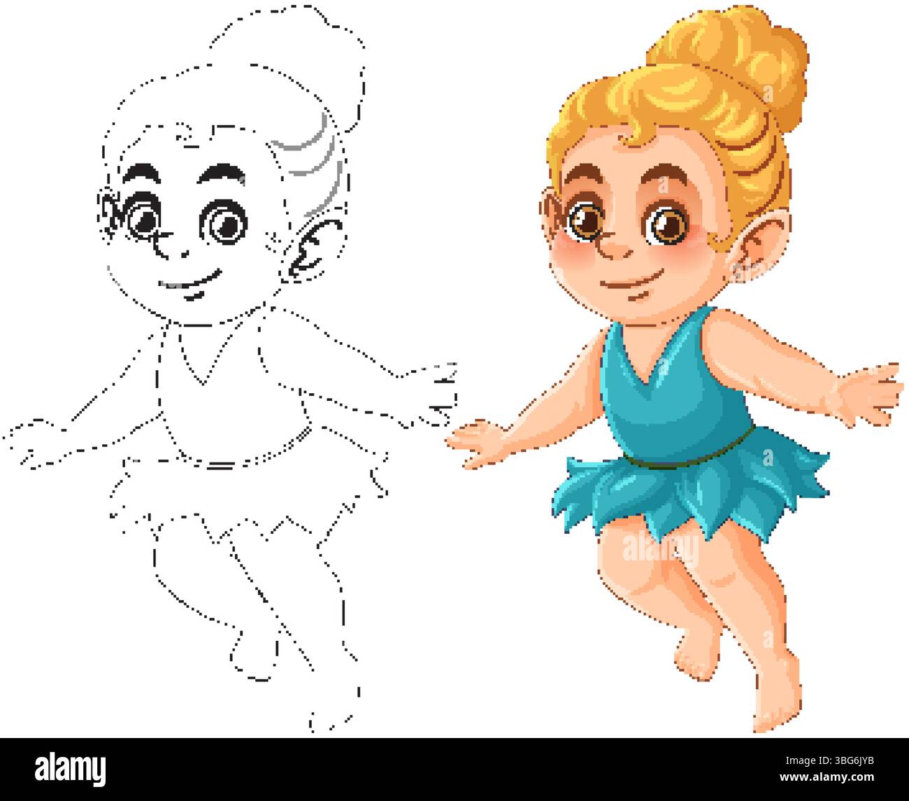 Vektor-Illustration eines süßen Feenkindes mit blondem Haar, das ein blaues Kleid trägt. Umfasst sowohl farbige als auch konturierte Versionen Stock Vektor