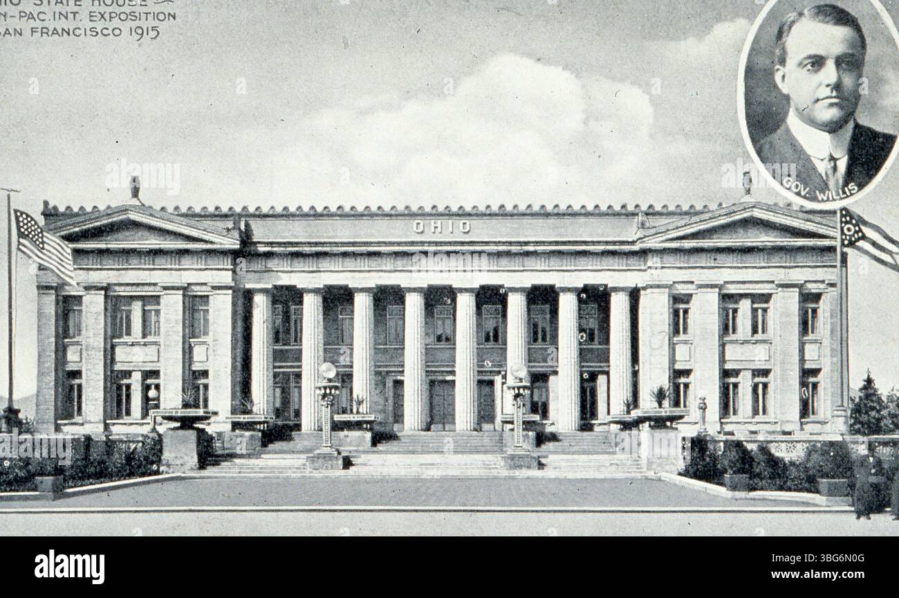 Das Ohio State Building auf der Pan Pacific International Exposition 1915 in San Francisco war ein Ausstellungsraum, in dem die Beiträge von Ohio zur Messe gezeigt wurden. Die Ausstellung, die am 6. Februar 1915 eröffnet wurde, zeigte kulturelle, industrielle und technologische Innovationen aus verschiedenen staaten und Nationen. Stockfoto