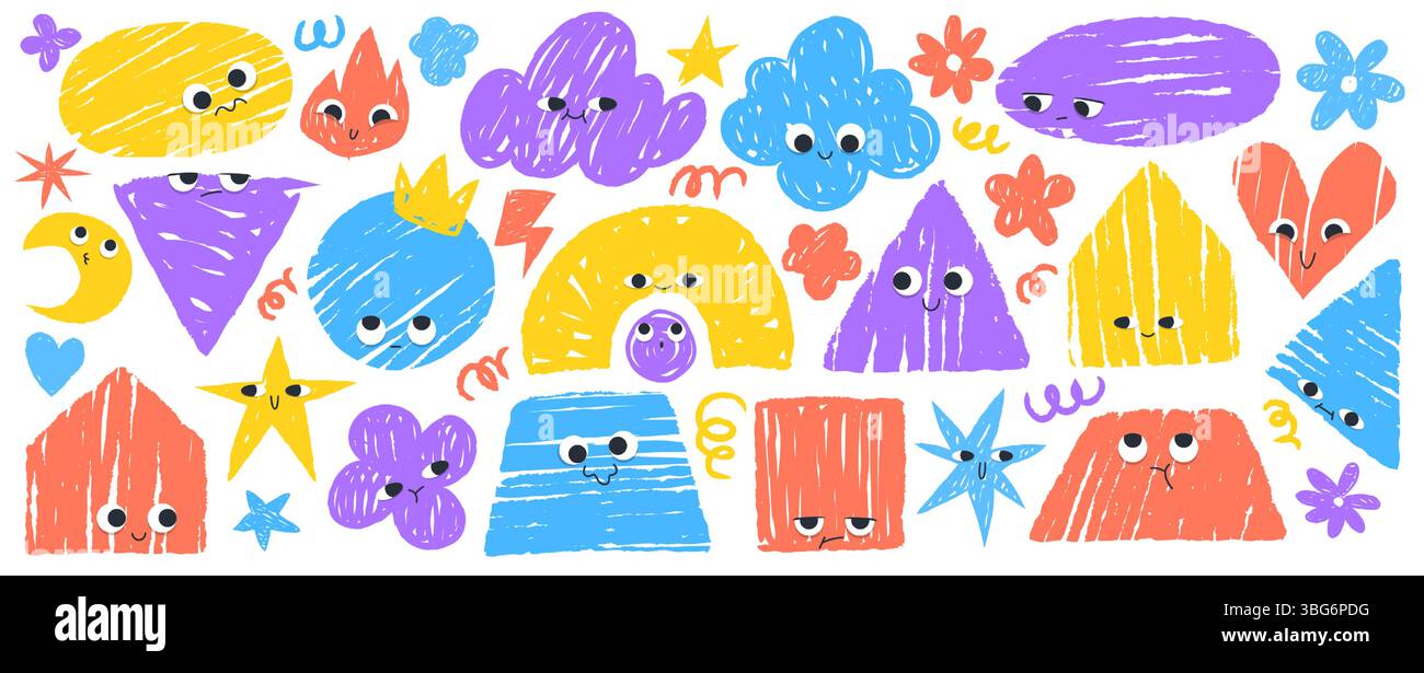 Kindliche Buntstift-Sticker-Set - lustige bunte Kritzelformen mit niedlichen, einfachen Gesichtern. Handgezeichnete Sterne und Wolken, Dreiecke und Quadrate, Kreise und unregelmäßige Formen Charaktere mit Emotionen. Stock Vektor